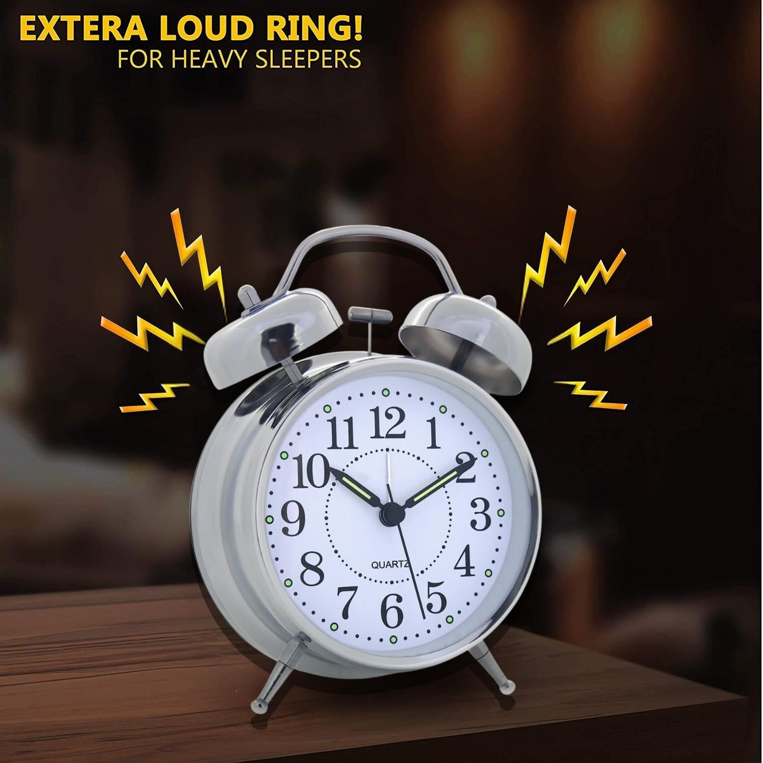 Twin Bell Table Clock, Metal Frame Alarm Clock with Night Backlight