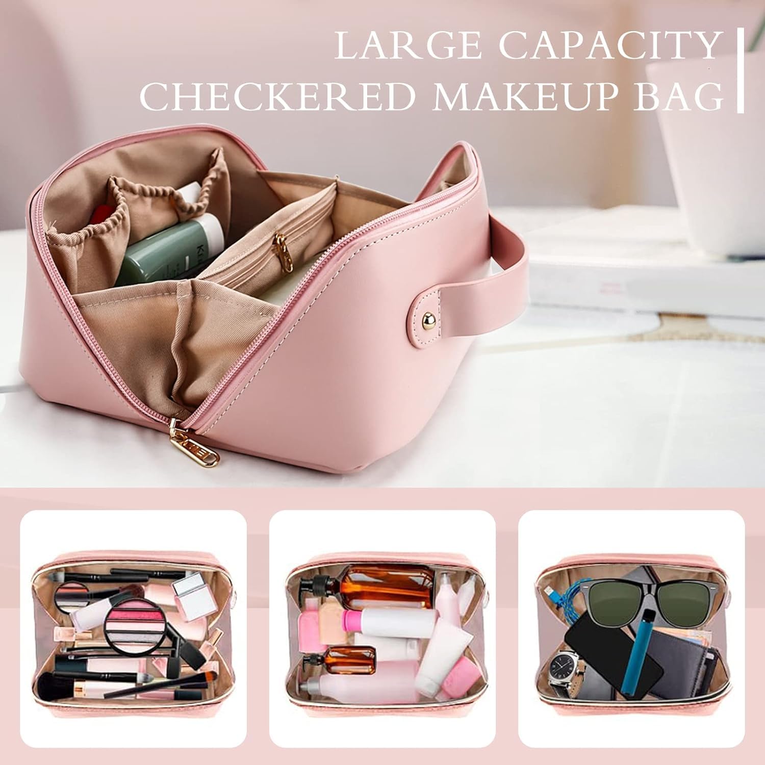 Large Capacity Travel Cosmetic Bag with Compartment Waterproof Leather Makeup Bag