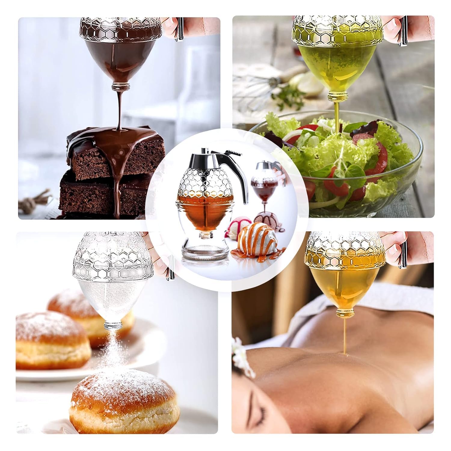 Acrylic Container with Cup, Syrup and Sugar Pot,No Drip Clear Honey Dispenser, Beautiful Honey Jar with Stand, Honey Bottle for Kitchen