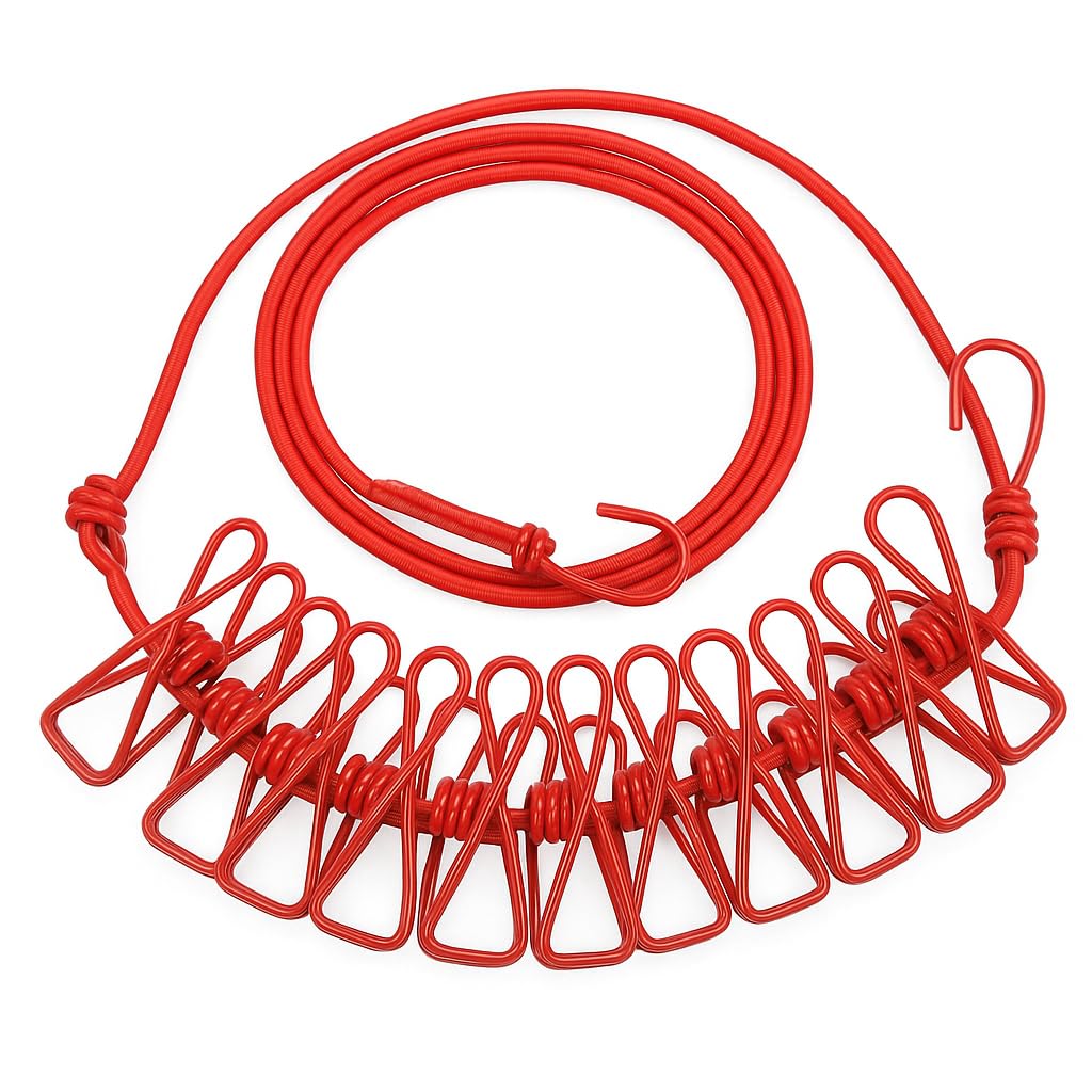 Cloth Drying Rope with 12 Clips & Hooks