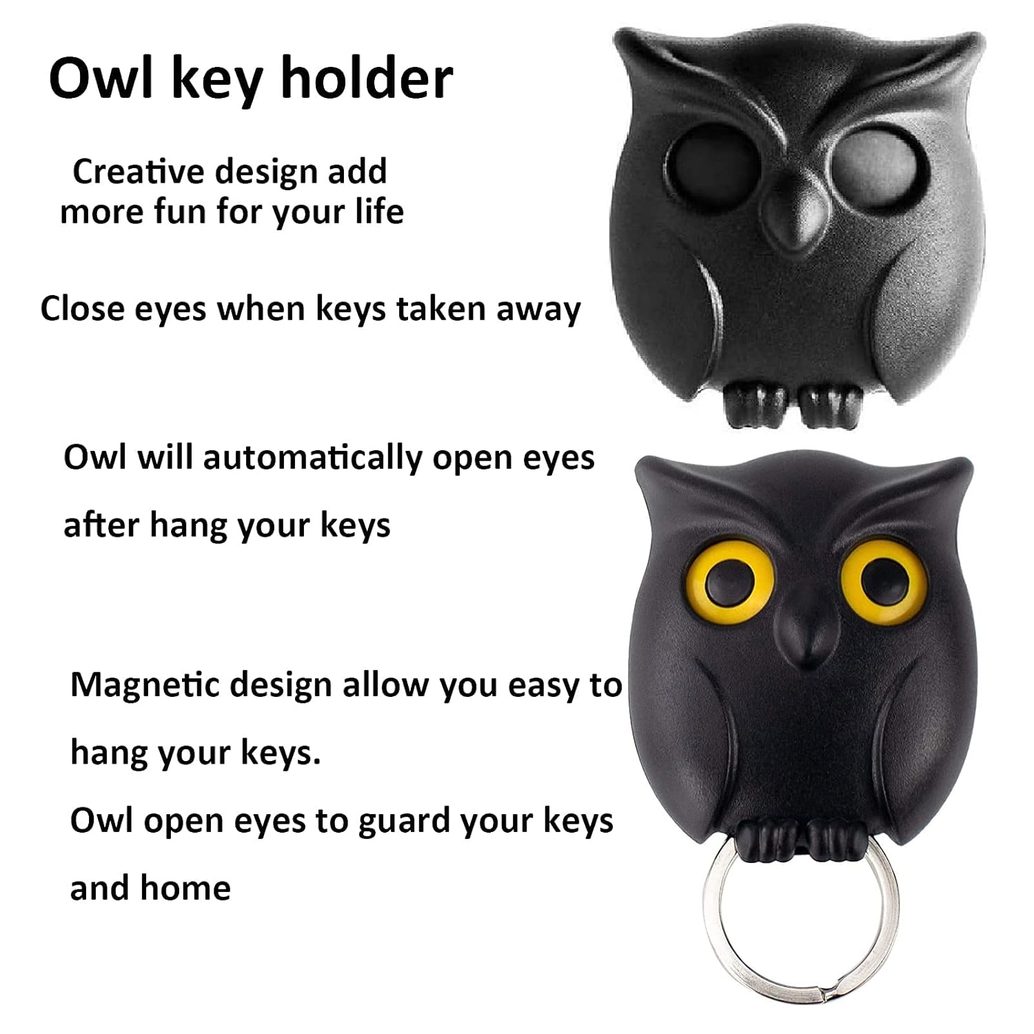 Magnetic Owl Key Holder Set, Cute Night Owl Keyring with Automatic Open Close Eyes, Black and White (Black & White)