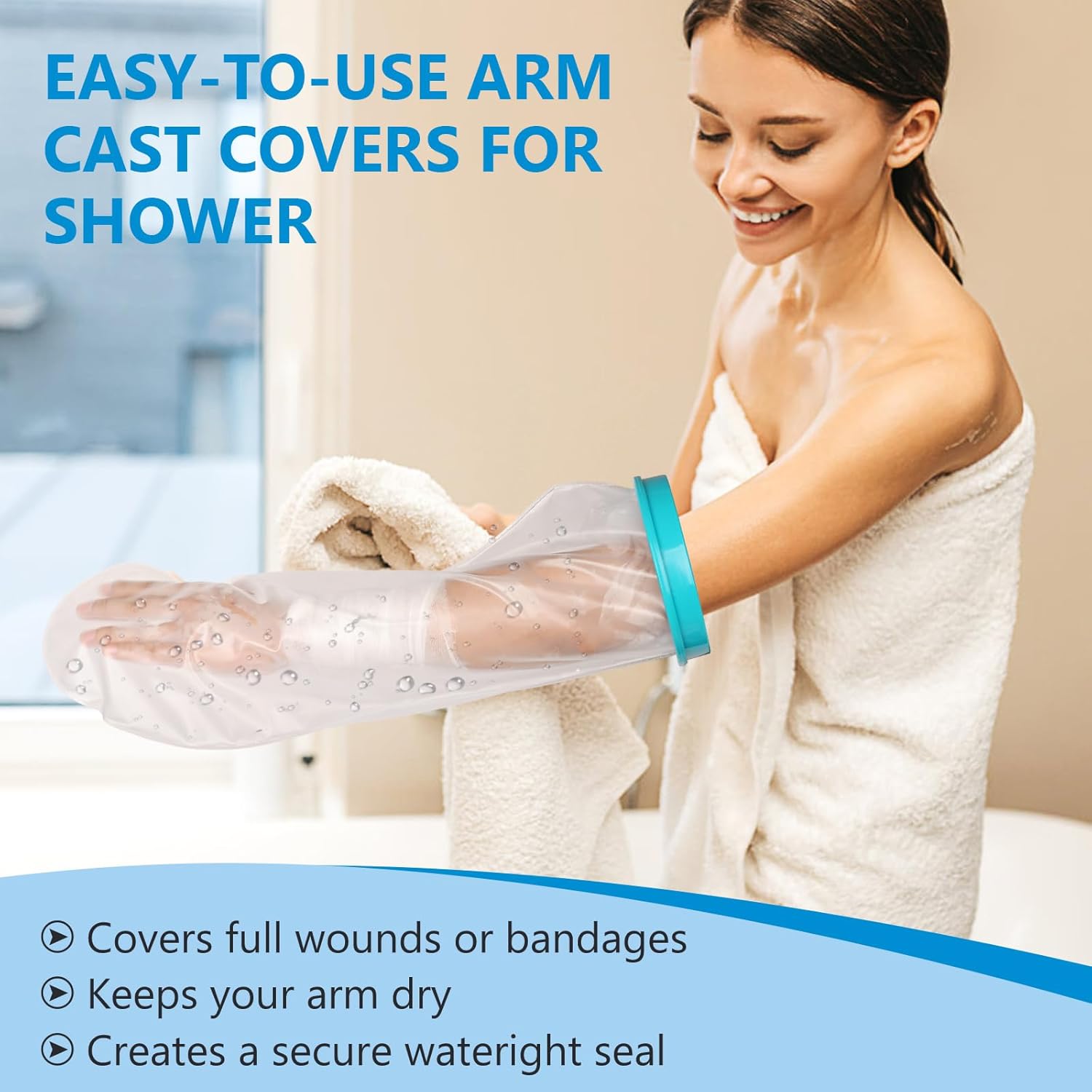 Waterproof Arm Cast Cover Wound Protector for Shower Bath, Adult Reusable Sealed Cast Bandage Dressing Protective Sleeve Bag Covers for Arm/Hand/Wrist/Fingers/Thumb‚ (Light Blue)