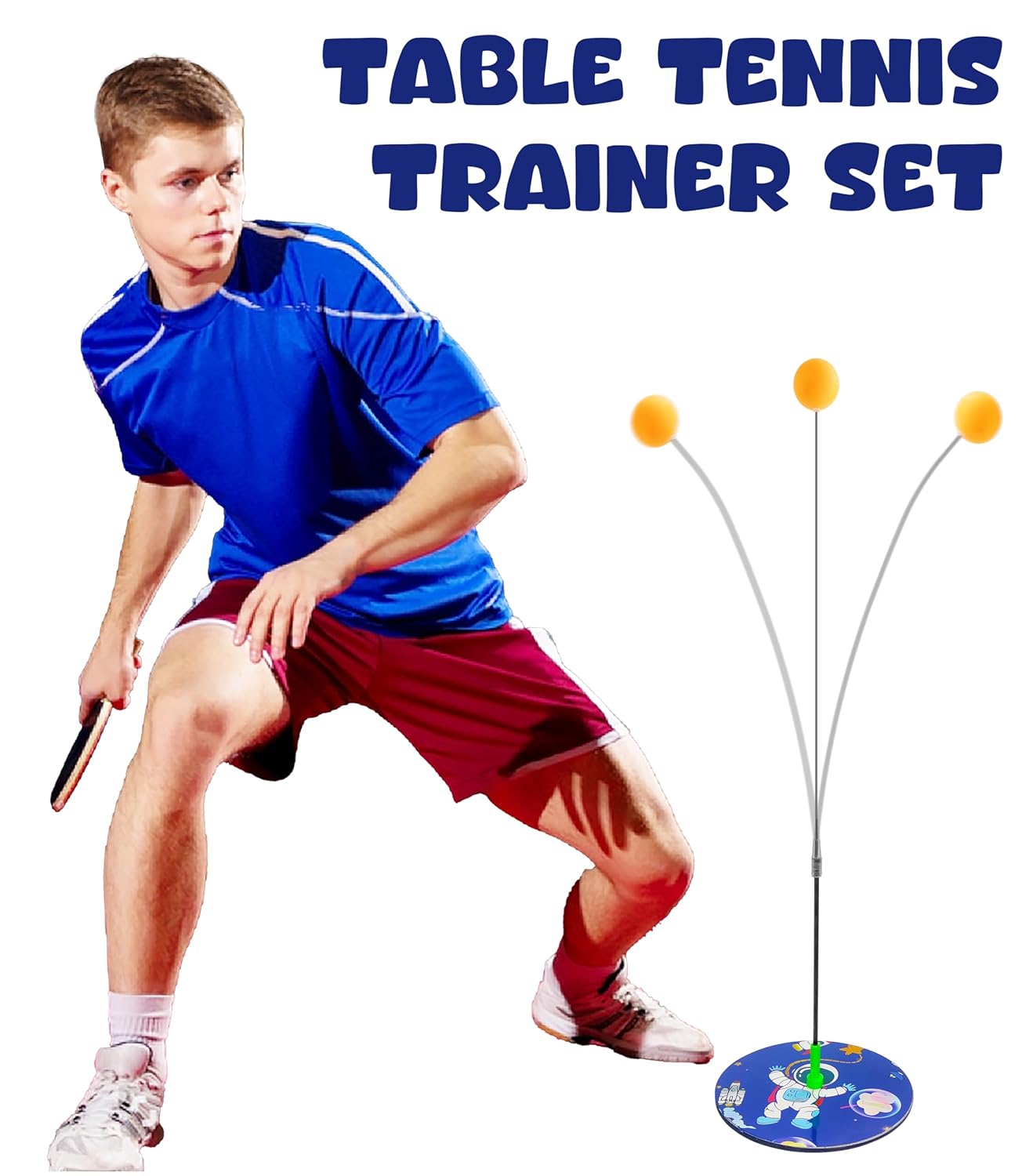 Height Adjustable Standing Table Tennis Trainer Set Toy for Kids and Adults with 4 Ping Pong Balls and 2 Wooden Rackets