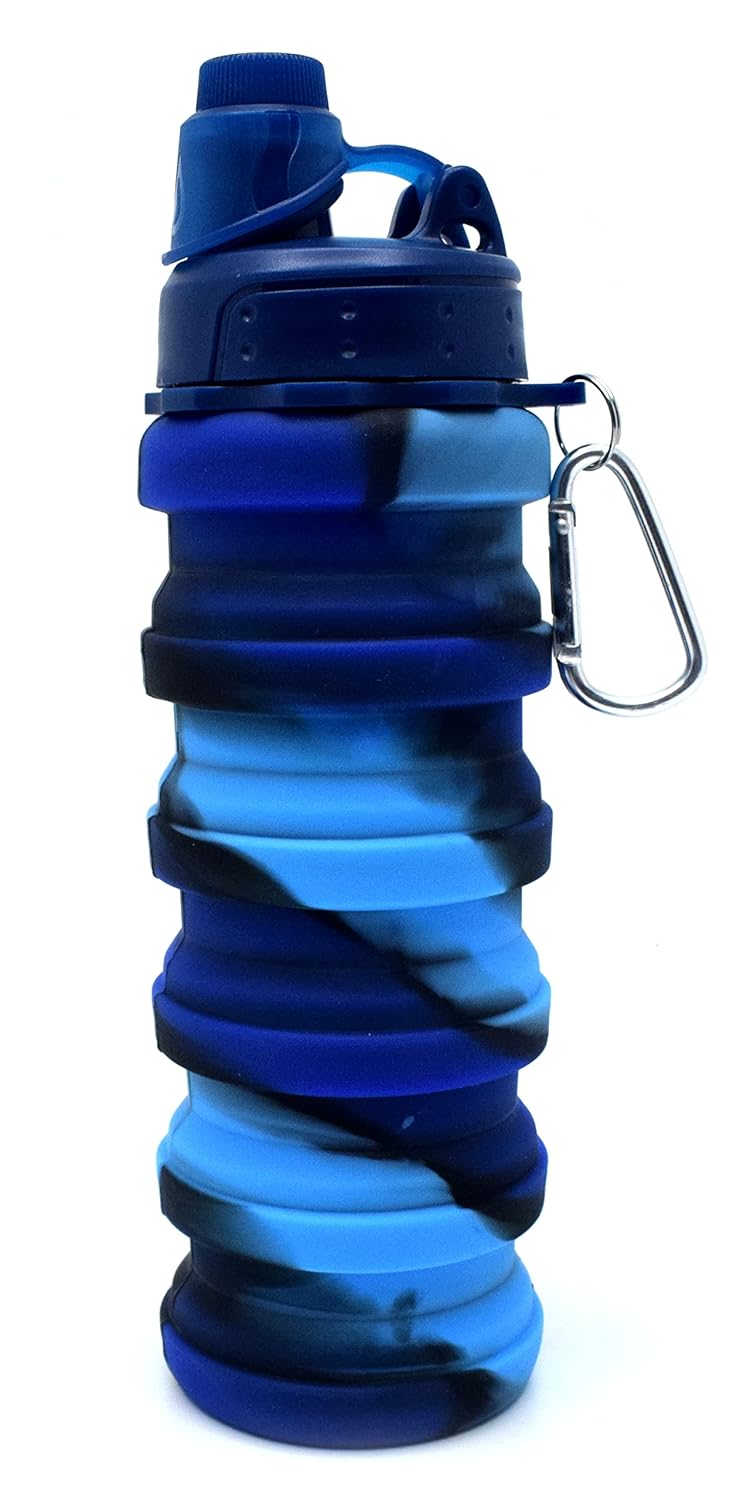 Flexible Collapsible Silicone Sports, Trekking, Cycling, Gym, School Water Bottle Expandable And Foldable With Snap Hook, Navy Blue bottle