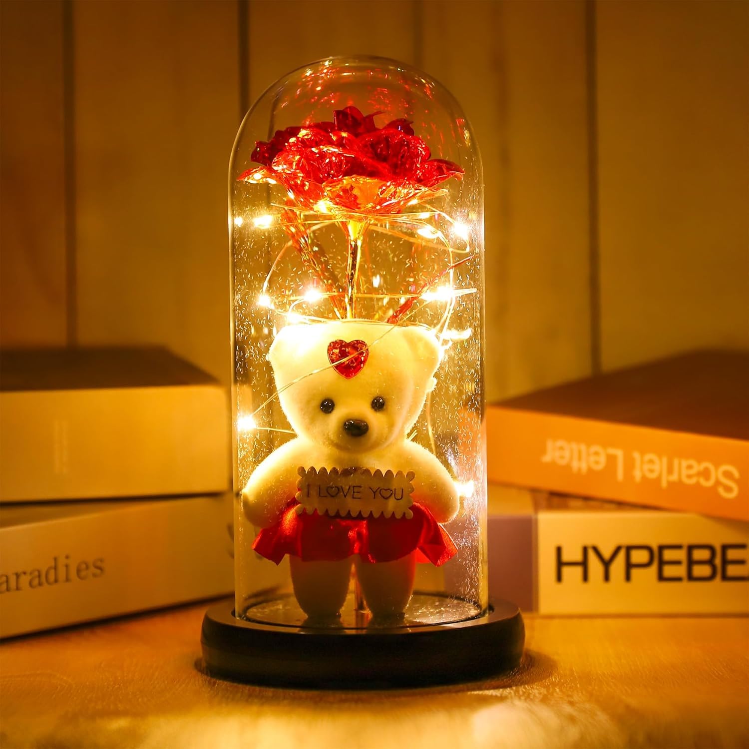 Rose with Teddy Bear & LED Light in Borosilicate Glass Dome – Romantic Gift for Wife, Girlfriend, Mom | Birthday, Anniversary, Mother’s Day | Mood Lighting Decoration