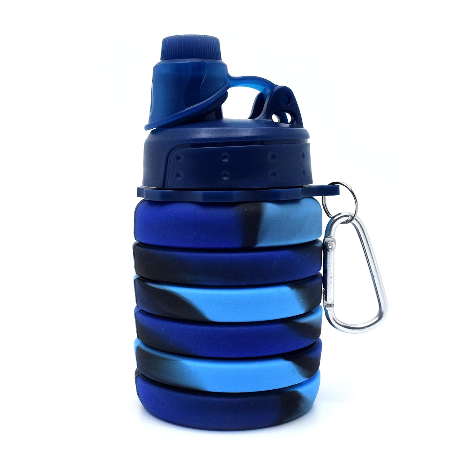 Flexible Collapsible Silicone Sports, Trekking, Cycling, Gym, School Water Bottle Expandable And Foldable With Snap Hook, Navy Blue bottle