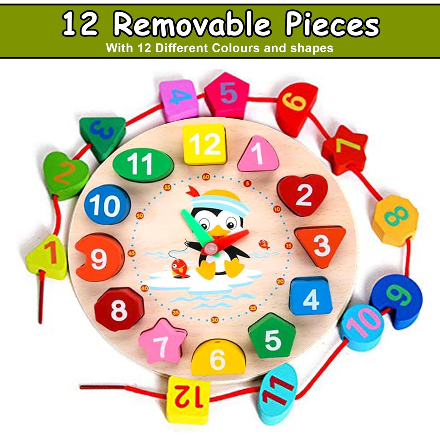 Wooden Learning Clock with Bead Lace, Educational Digital Analog Numbers, Shape & Color Learning Montessori Toy for Kids (Pack of 1, Multicolor)