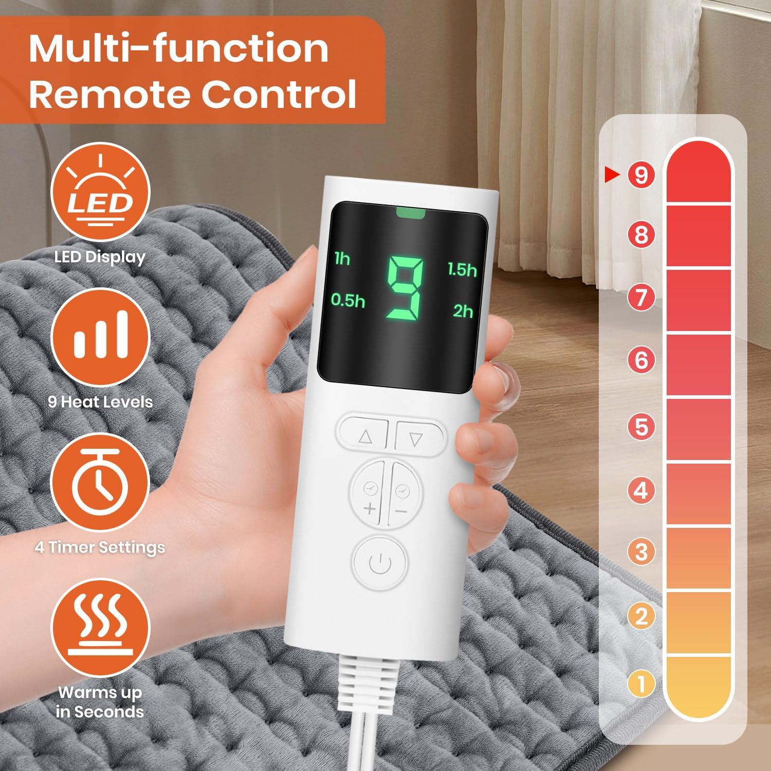 Electric Heating Pad 30×60 cm with Auto Shut-Off & 6 Heat Settings – Digital Controller for Back Pain, Shoulder Aches, Muscle Relief & Cramps – Soft Washable Fabric, Rapid Heat Therapy