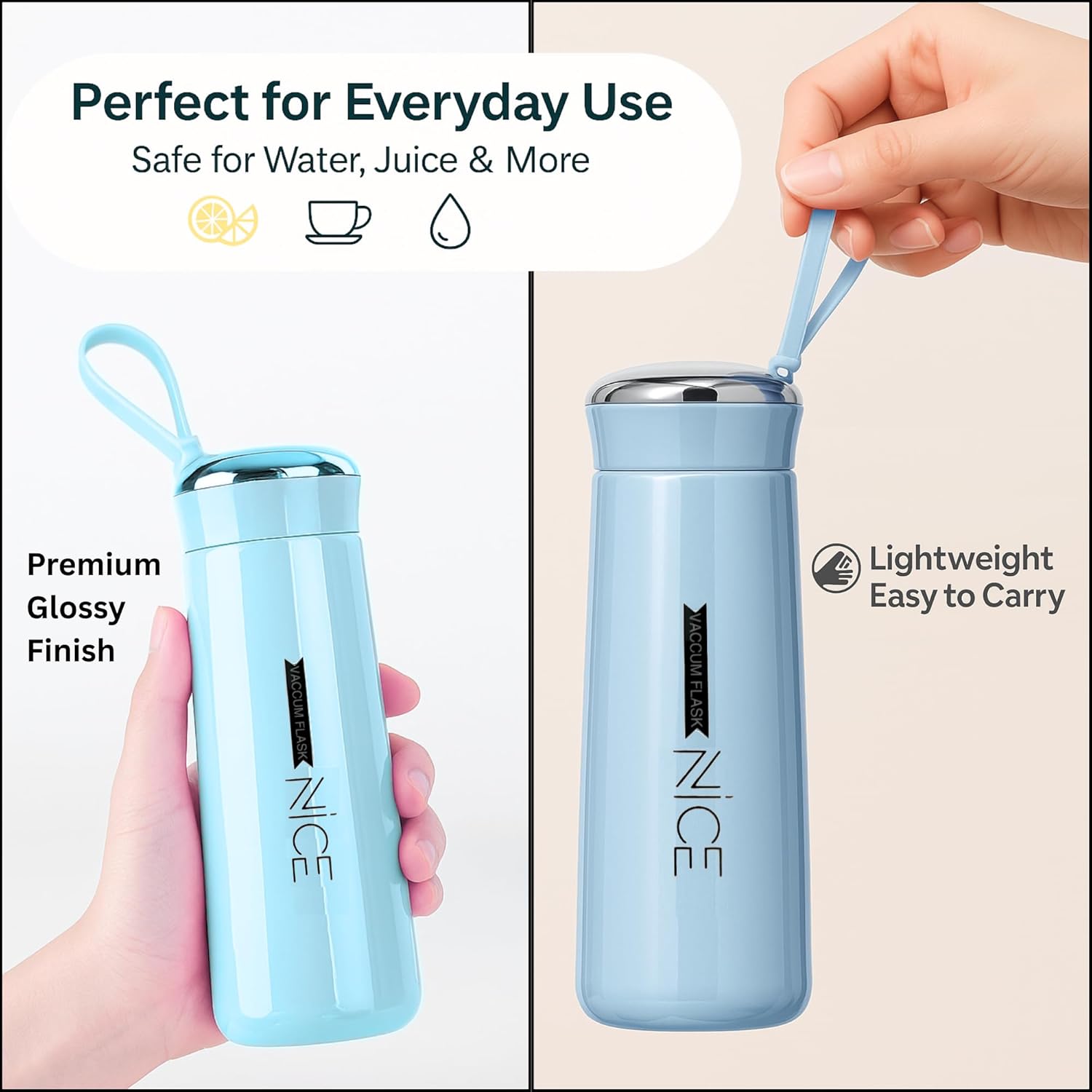 Water bottle 400ml leak proof, glass water bottle with daily water intake for gym and children, Nice Bottle (1 pc / Light Blue Color)