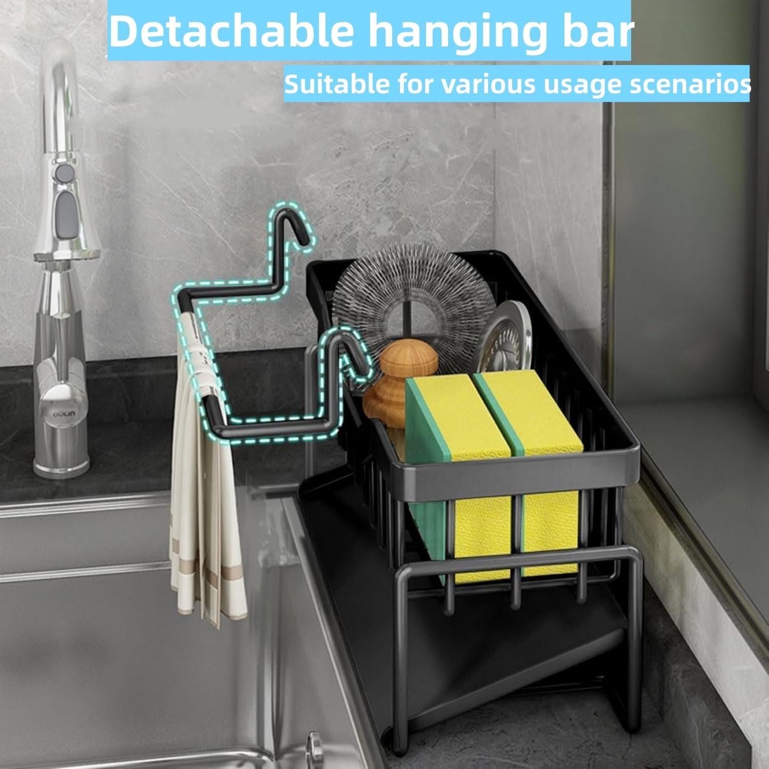 Metal Sponge Holder for Kitchen Sink – Auto-Draining Sink Organizer Caddy with Soap Tray, Dish Brush & Towel-Bar Holder, Kitchen Storage Rack