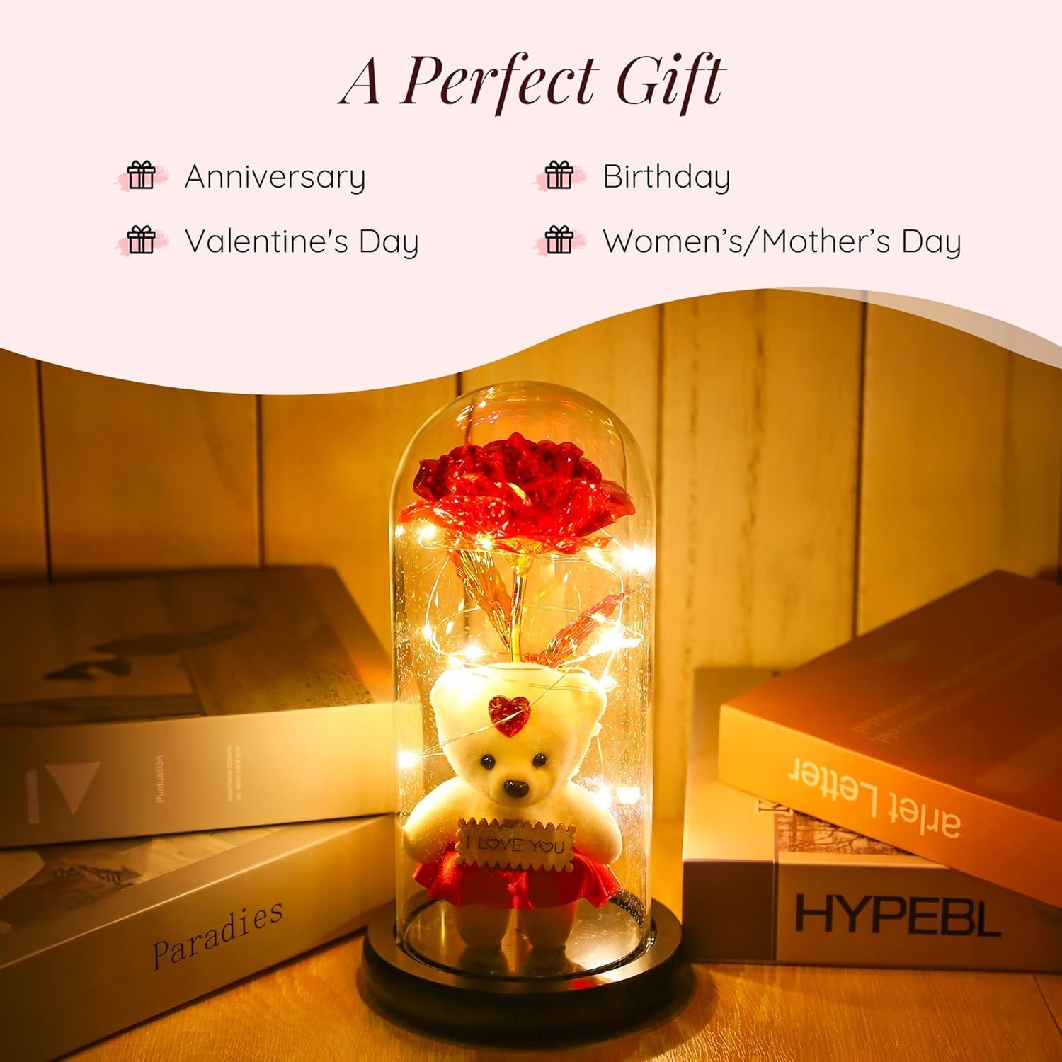 Rose with Teddy Bear & LED Light in Borosilicate Glass Dome – Romantic Gift for Wife, Girlfriend, Mom | Birthday, Anniversary, Mother’s Day | Mood Lighting Decoration