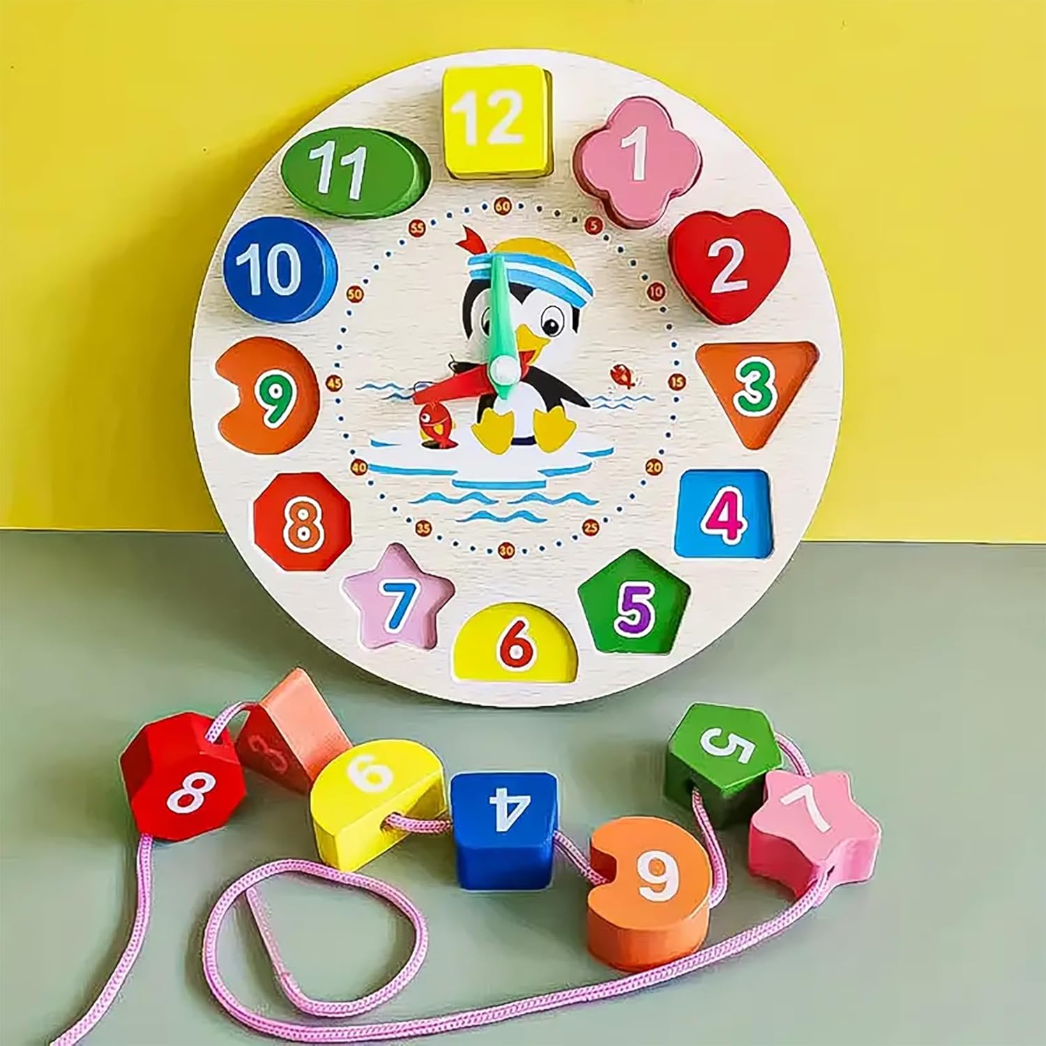 Wooden Learning Clock with Bead Lace, Educational Digital Analog Numbers, Shape & Color Learning Montessori Toy for Kids (Pack of 1, Multicolor)