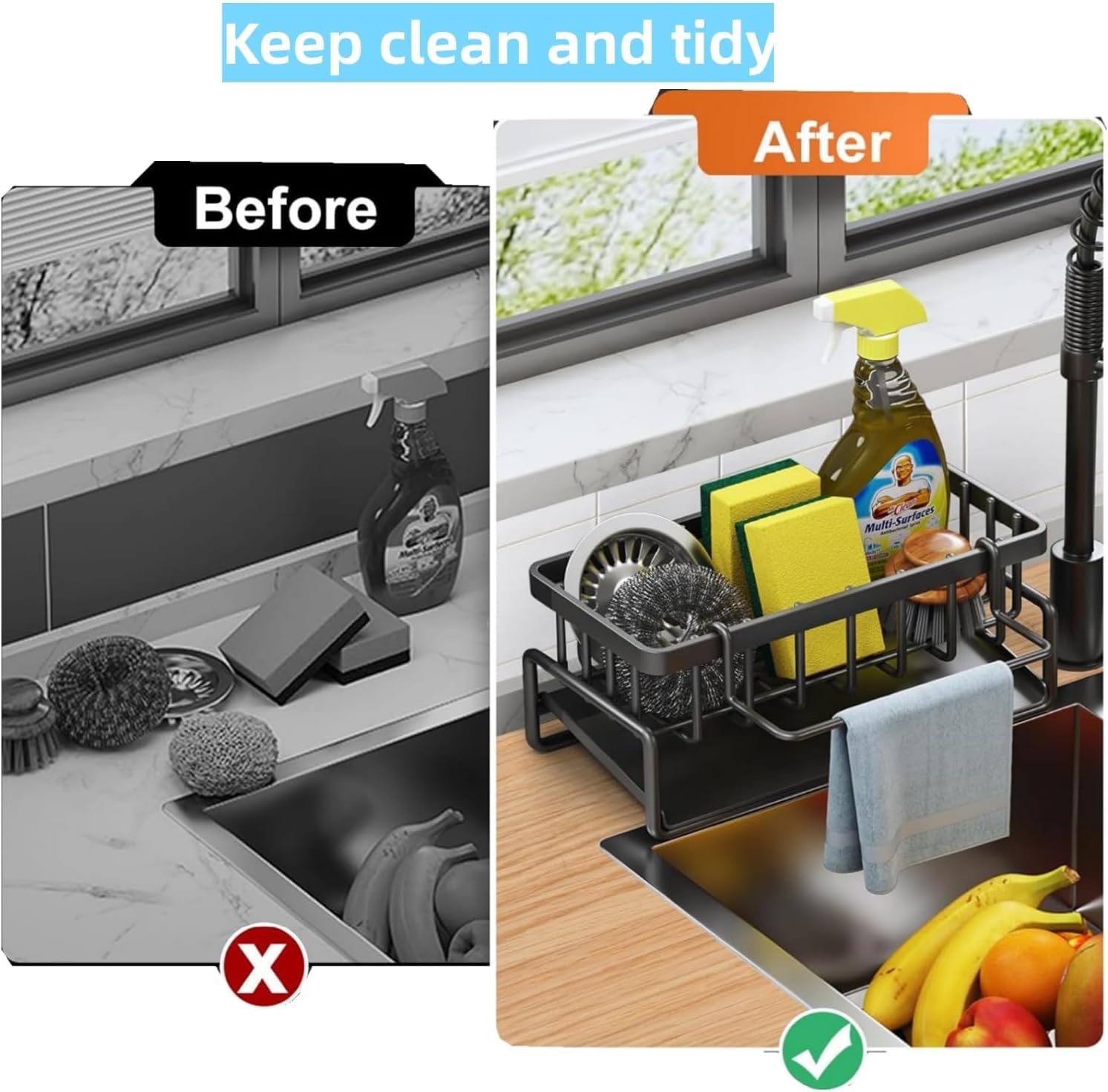 Metal Sponge Holder for Kitchen Sink – Auto-Draining Sink Organizer Caddy with Soap Tray, Dish Brush & Towel-Bar Holder, Kitchen Storage Rack