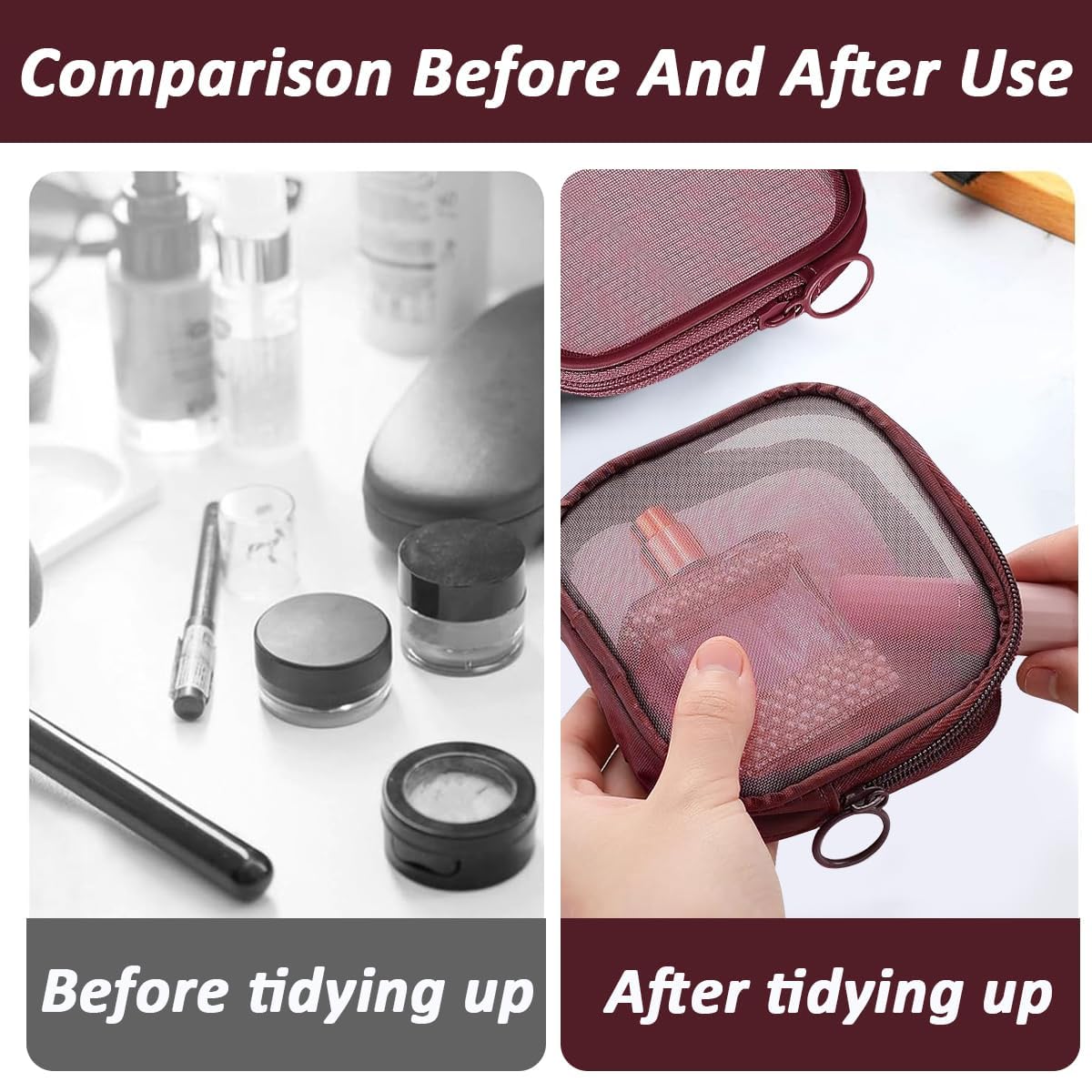 MINI ZIPPER MESH COSMETIC POUCH 13*13 CM (WINE RED) (1PC)