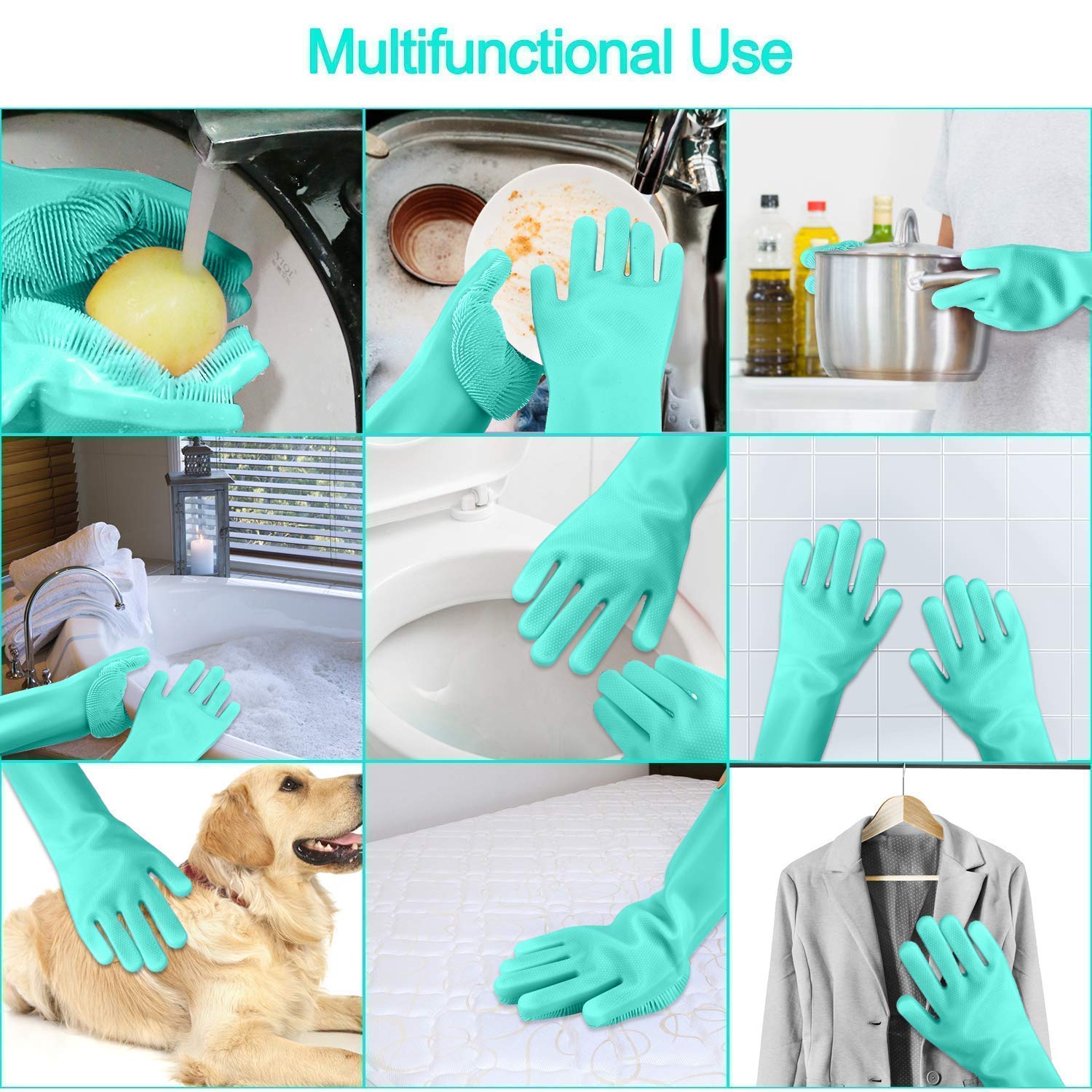 Gloves Magic Silicone Dish Washing Gloves, Silicon Cleaning Gloves, Silicon Hand Gloves for Kitchen Dishwashing and Pet Grooming, Great for Washing Dish, Car, Bathroom (