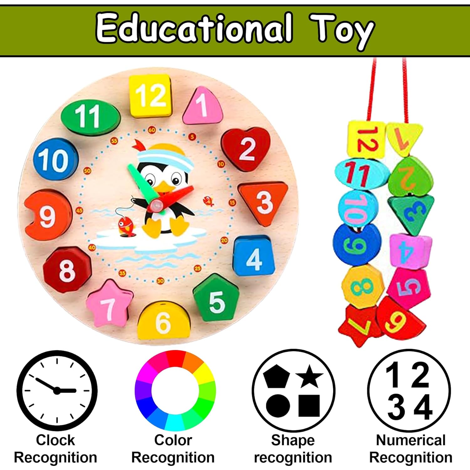 Wooden Learning Clock with Bead Lace, Educational Digital Analog Numbers, Shape & Color Learning Montessori Toy for Kids (Pack of 1, Multicolor)
