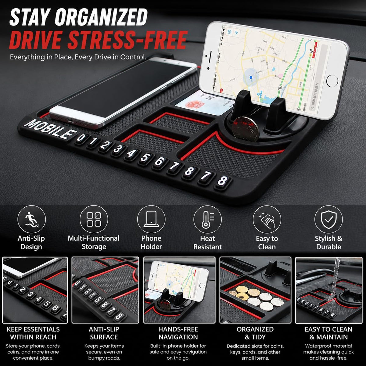 Car Dashboard Mat Organizer with Phone Holder