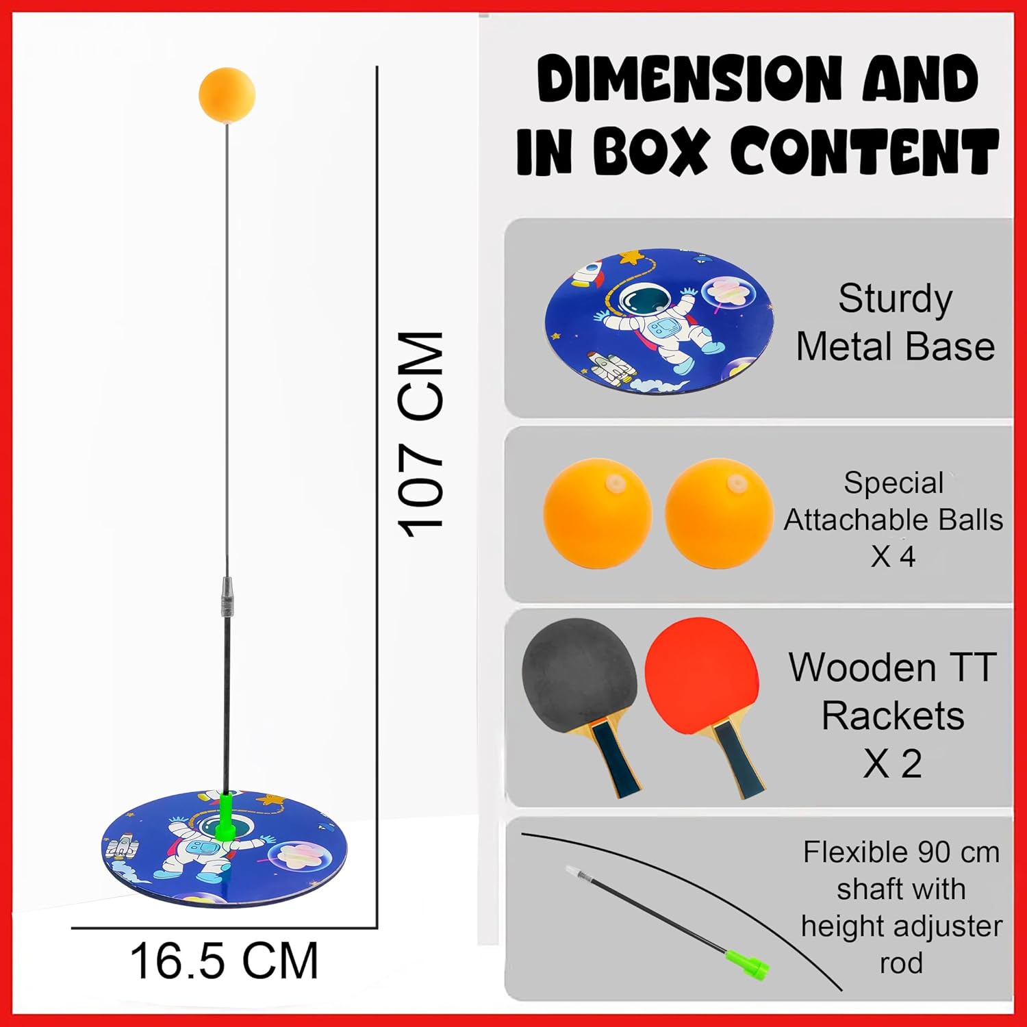 Height Adjustable Standing Table Tennis Trainer Set Toy for Kids and Adults with 4 Ping Pong Balls and 2 Wooden Rackets