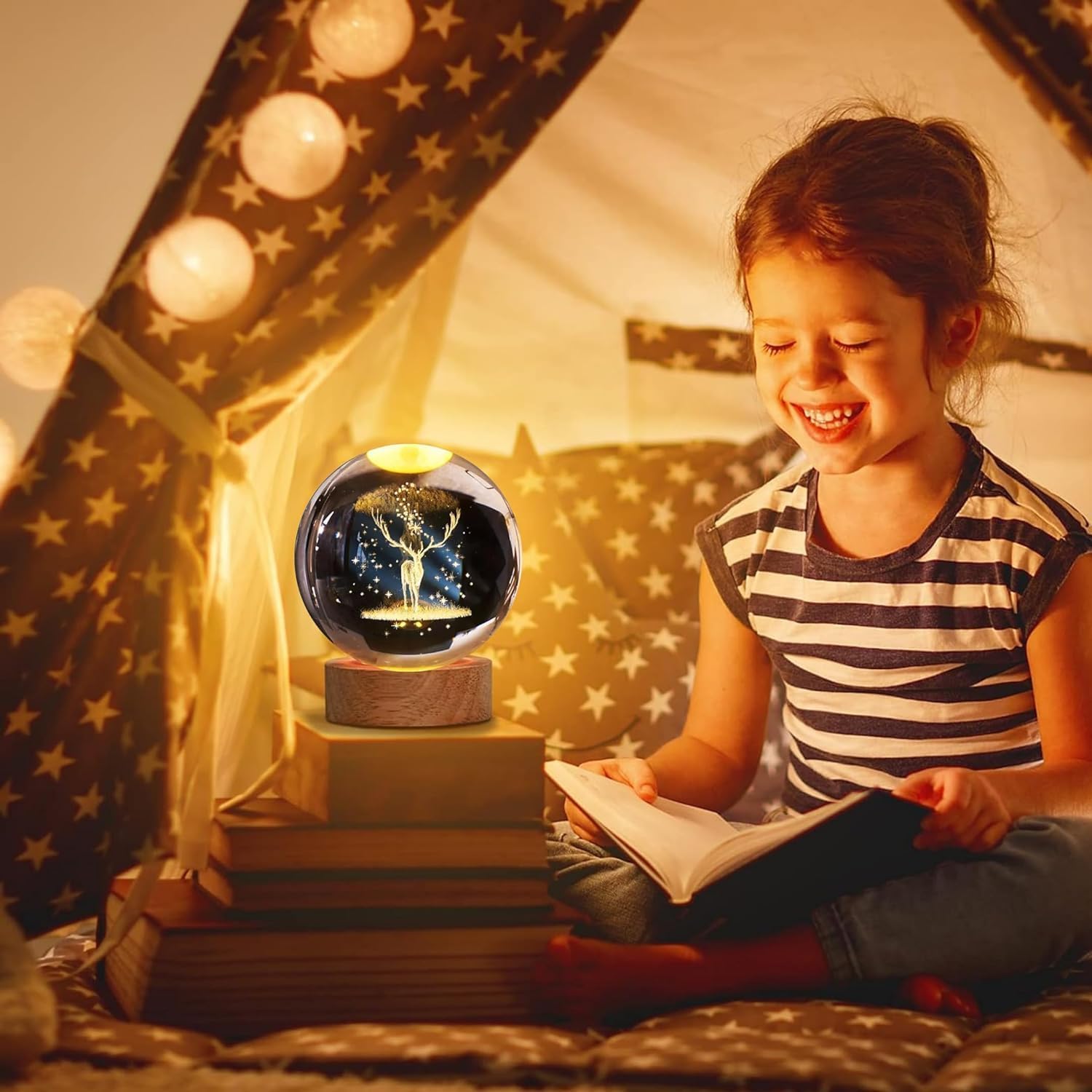 Crystal Ball Night Light Glass Ball Night Lamp with Wood Base