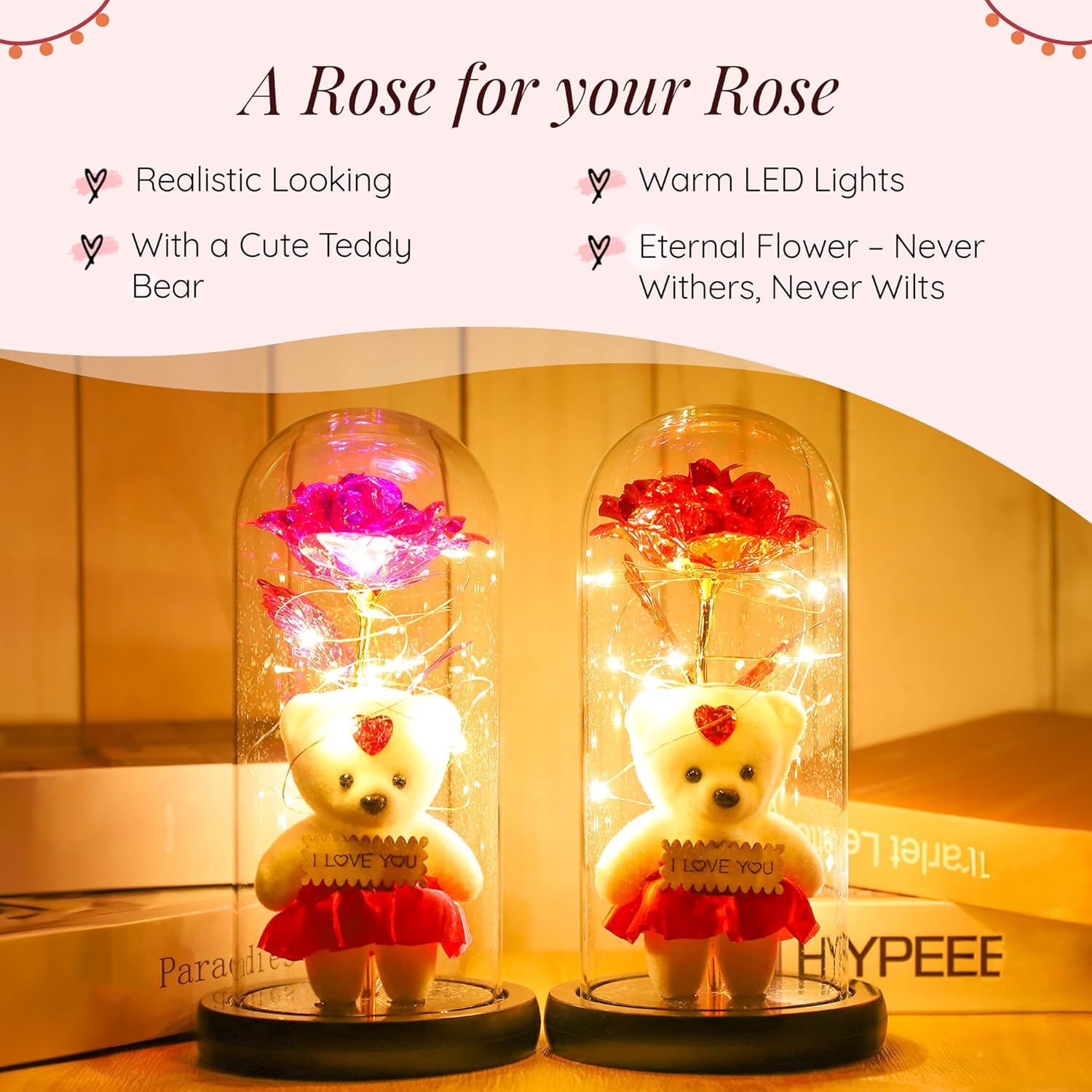 Rose with Teddy Bear & LED Light in Borosilicate Glass Dome – Romantic Gift for Wife, Girlfriend, Mom | Birthday, Anniversary, Mother’s Day | Mood Lighting Decoration