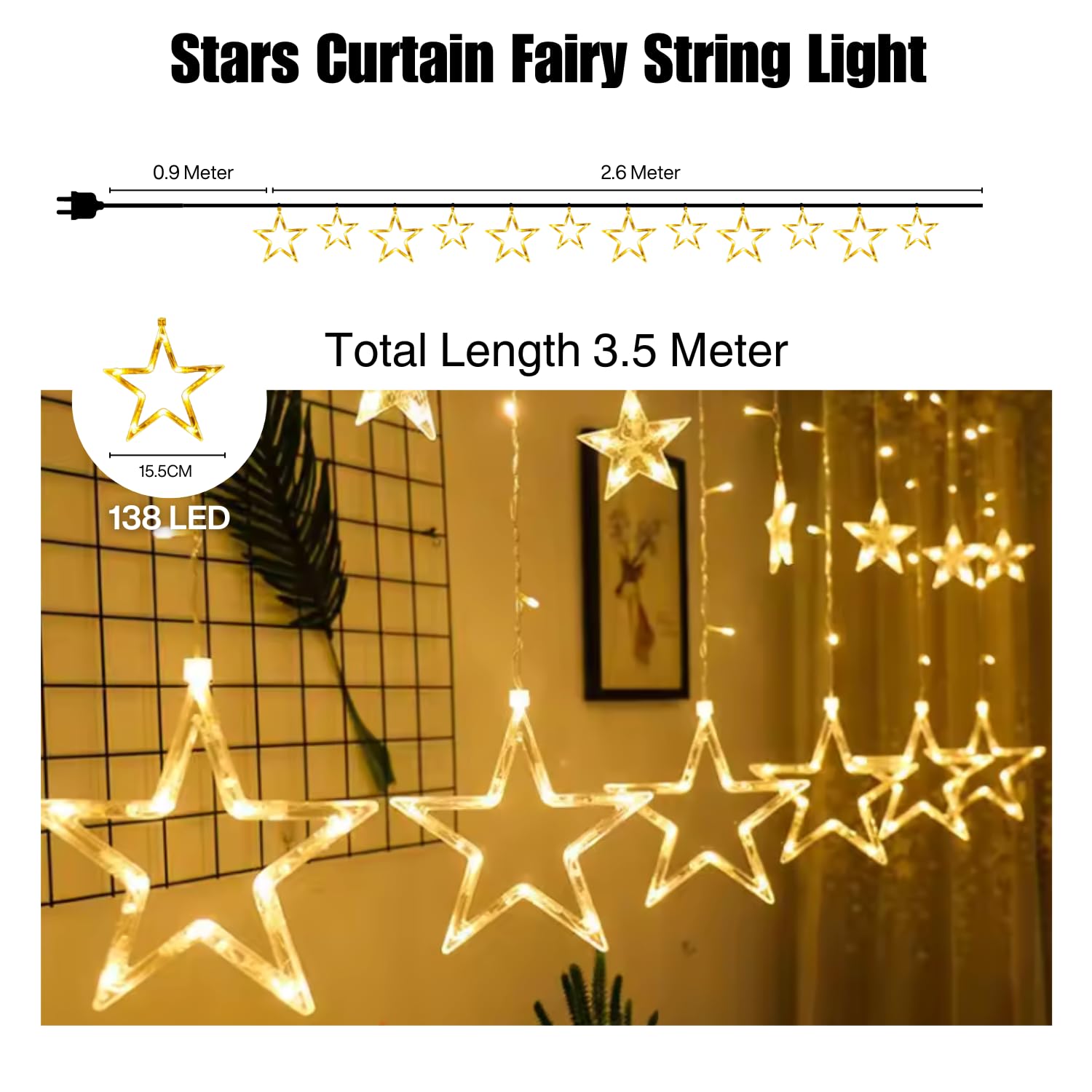 10 Stars Curtain Fairy String 108 Led 5 Big Star 5 Small Star Light with 8 Flashing Modes