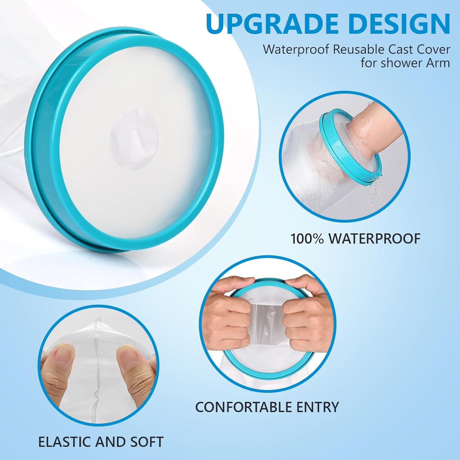 Waterproof Arm Cast Cover Wound Protector for Shower Bath, Adult Reusable Sealed Cast Bandage Dressing Protective Sleeve Bag Covers for Arm/Hand/Wrist/Fingers/Thumb‚ (Light Blue)