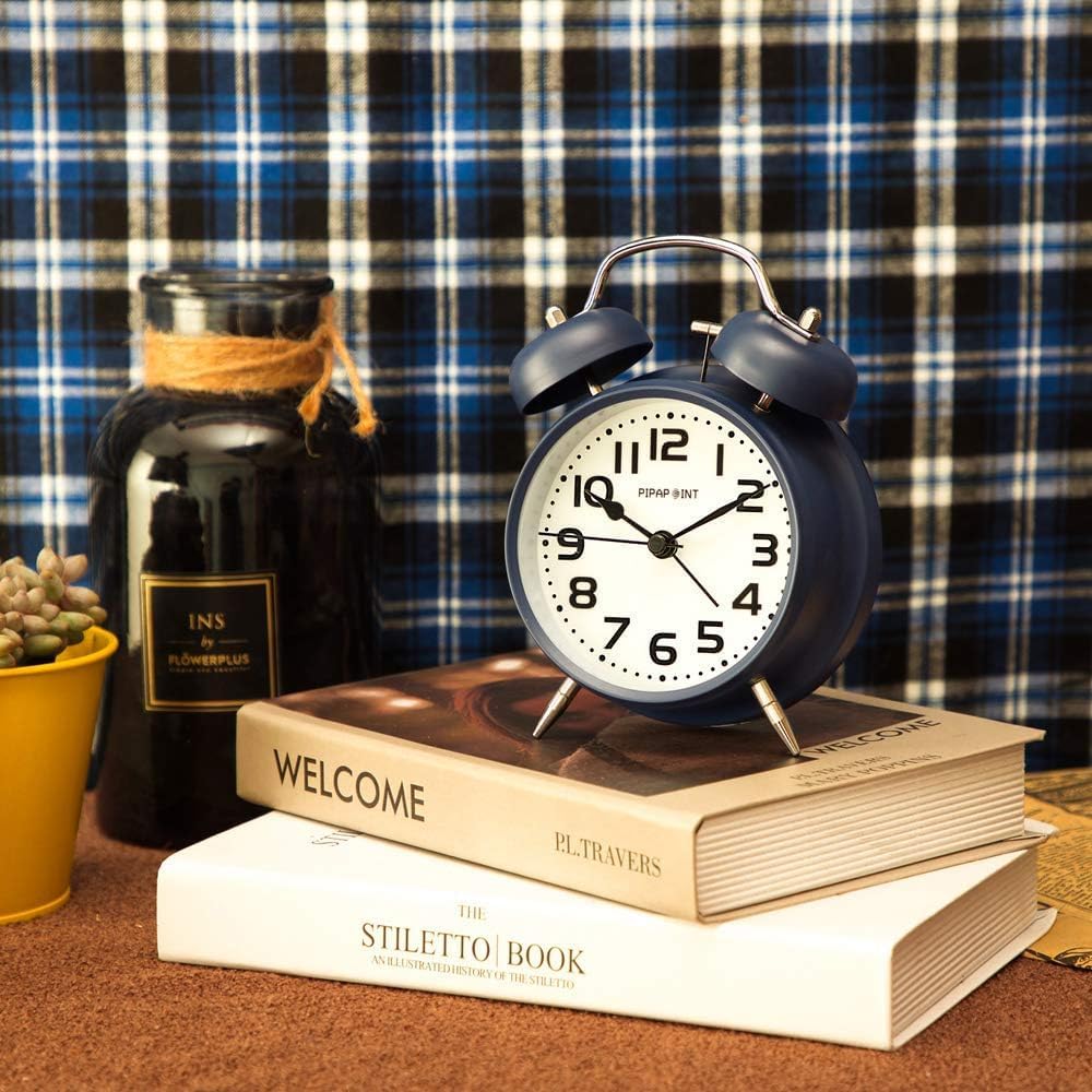 Metal Vintage Twin Bell Analog Display Table Alarm Clock with Night LED Light (Blue)