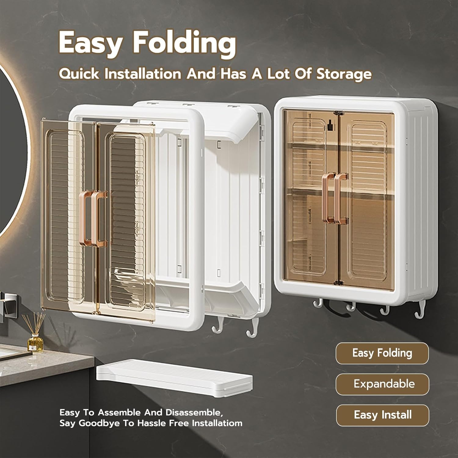 No-Drill Bathroom Shelf & Storage Cabinet - Wall Organizer for Bathroom Essentials, Makeup, Skincare, and More