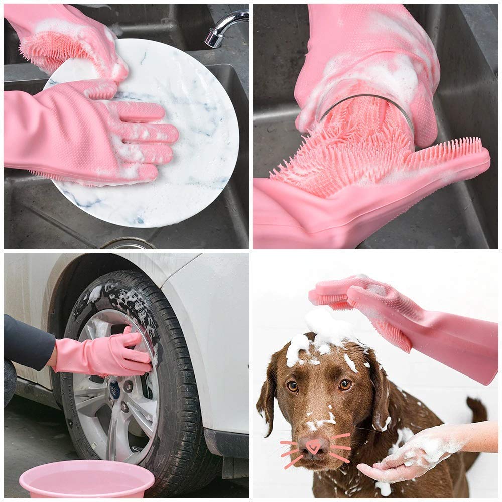 Gloves Magic Silicone Dish Washing Gloves, Silicon Cleaning Gloves, Silicon Hand Gloves for Kitchen Dishwashing and Pet Grooming, Great for Washing Dish, Car, Bathroom (