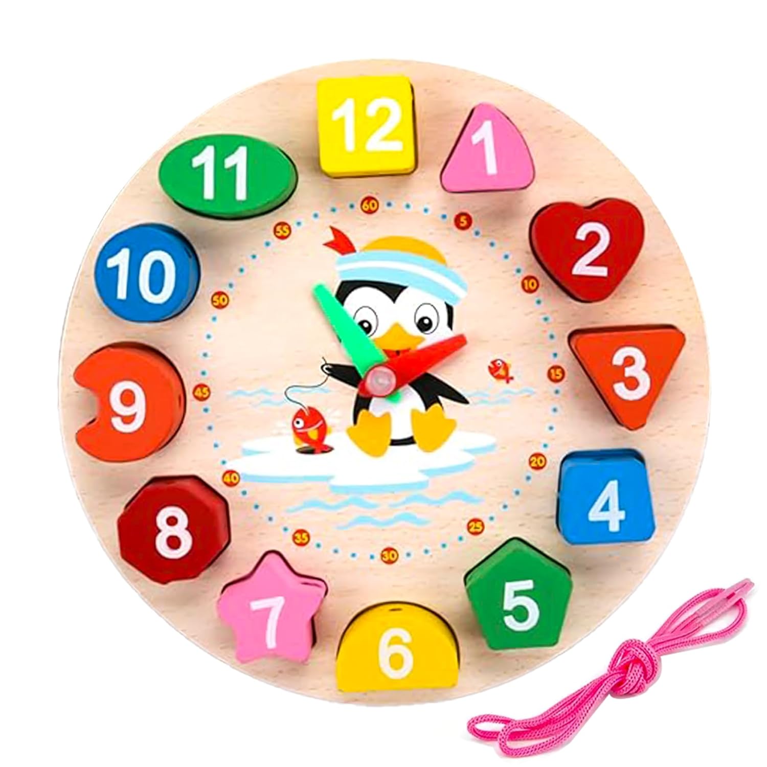 Wooden Learning Clock with Bead Lace, Educational Digital Analog Numbers, Shape & Color Learning Montessori Toy for Kids (Pack of 1, Multicolor)