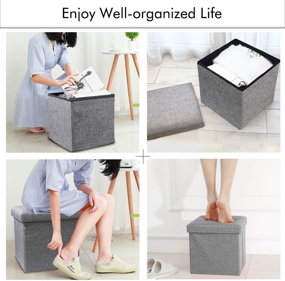 Linen Home Foldable Large Storage Ottoman Bench Footrest Stool Storage Ottoman Bench for footrest Stool Coffee Table and Seating Ottoman (30 X 30 X 30 c.m., Grey)