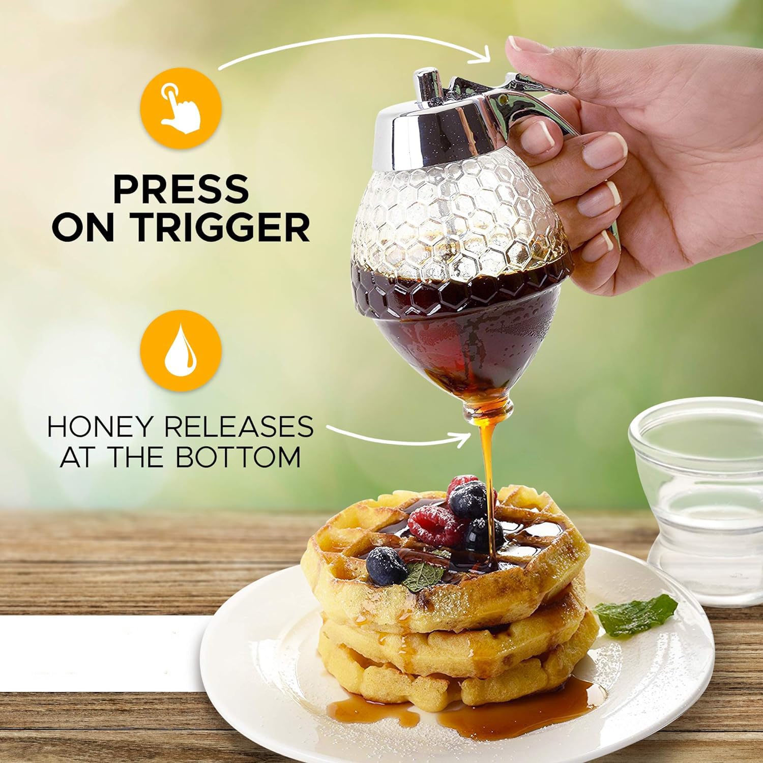 Acrylic Container with Cup, Syrup and Sugar Pot,No Drip Clear Honey Dispenser, Beautiful Honey Jar with Stand, Honey Bottle for Kitchen