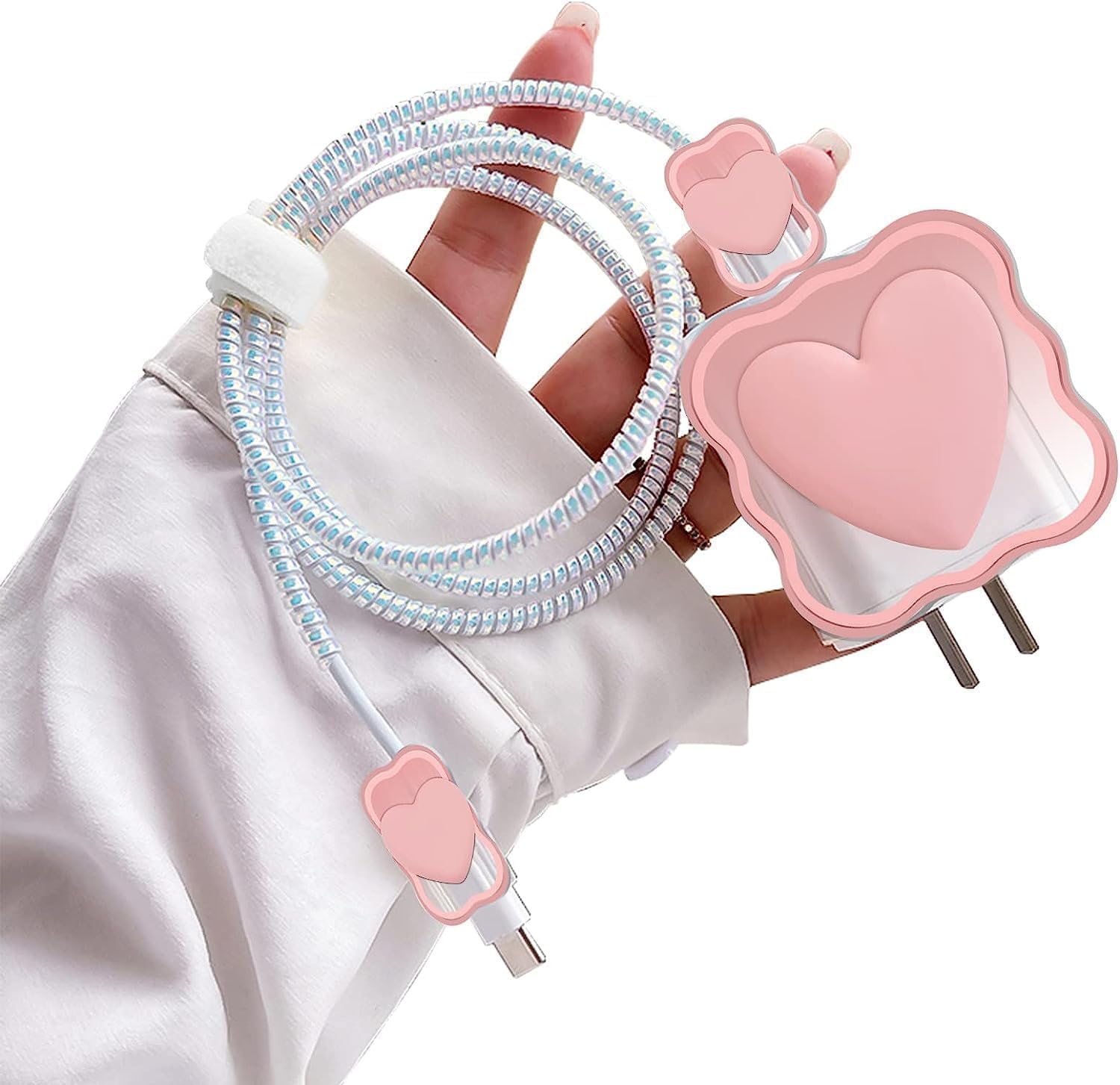 Protective Charger Case for iPhone 18W 20W iPhone 16 15 14 13 12 11 Pro Max Charging Cable Charger Protective Cover Data Cable Protective Sleeve -Pink Heart