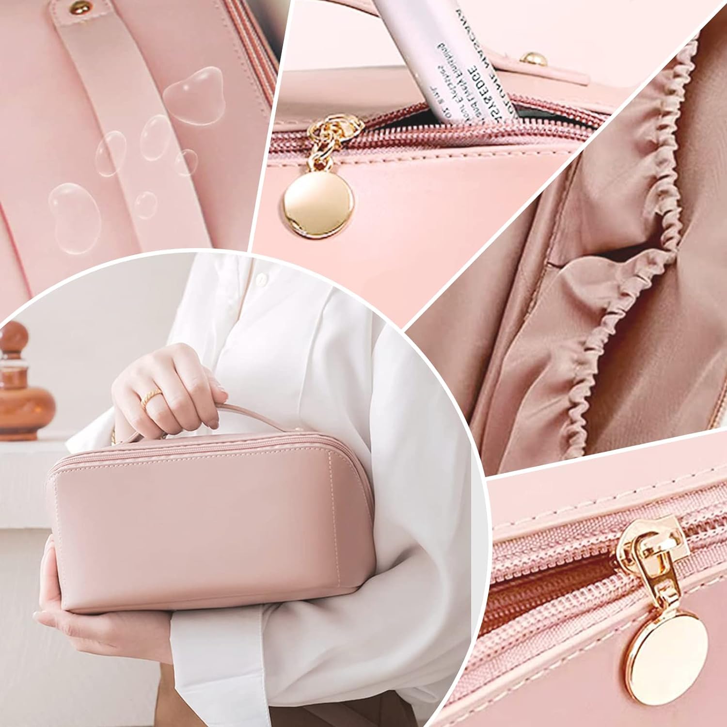 Large Capacity Travel Cosmetic Bag with Compartment Waterproof Leather Makeup Bag