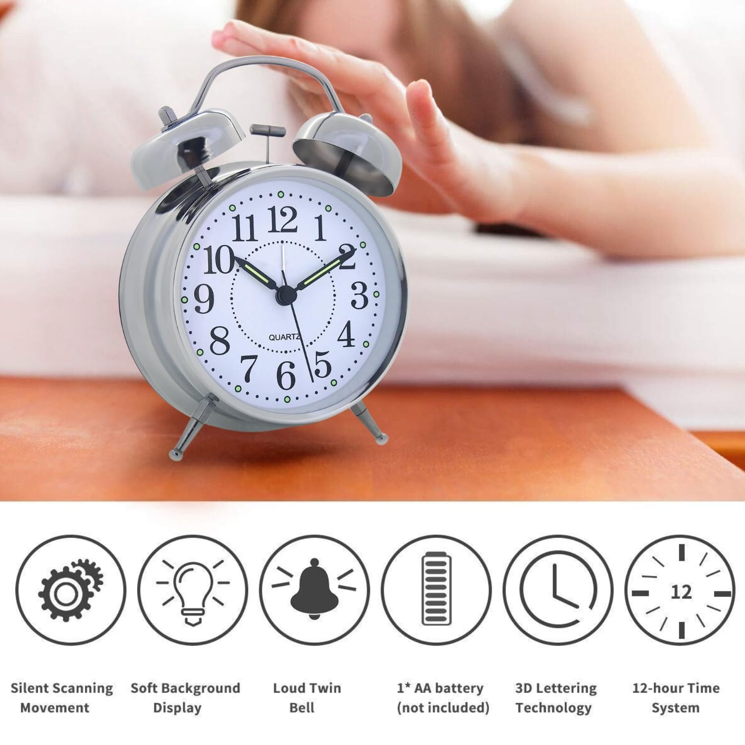 Twin Bell Table Clock, Metal Frame Alarm Clock with Night Backlight