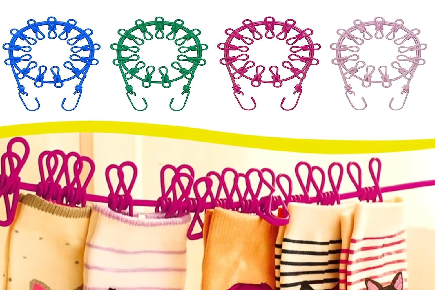 Cloth Drying Rope with 12 Clips & Hooks
