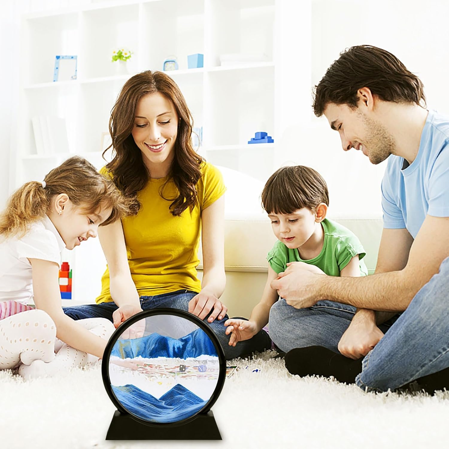 Moving Sand Art Picture, Liquid Motion 3D Sandscape, Glass Painting with Natural Landscape(BLUE)