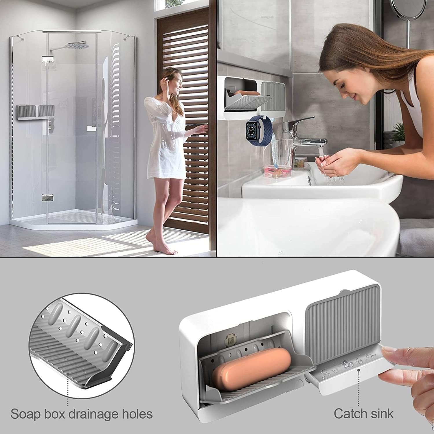 Wall Mounted Soap Holder with Lid and Drain Tray, Double Compartment Soap Box with Adhesive Sticker Installation, Bathroom Soap Storage Case with Hanging Hook