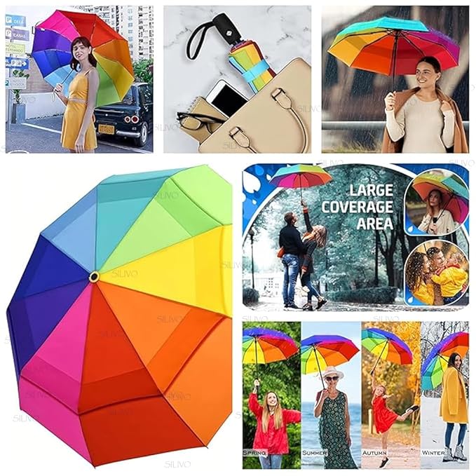 Rainbow Umbrella 3 Fold | Auto Open & Close | Wind & Rain Resistant Travel Umbrella