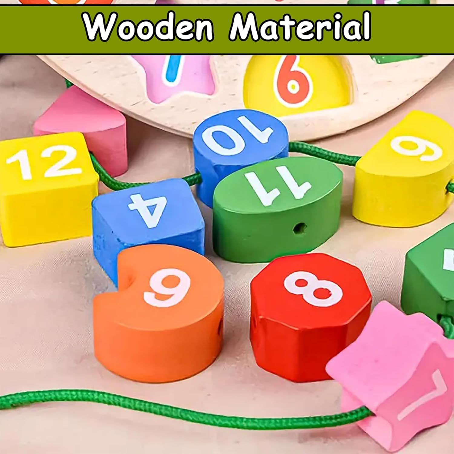 Wooden Learning Clock with Bead Lace, Educational Digital Analog Numbers, Shape & Color Learning Montessori Toy for Kids (Pack of 1, Multicolor)