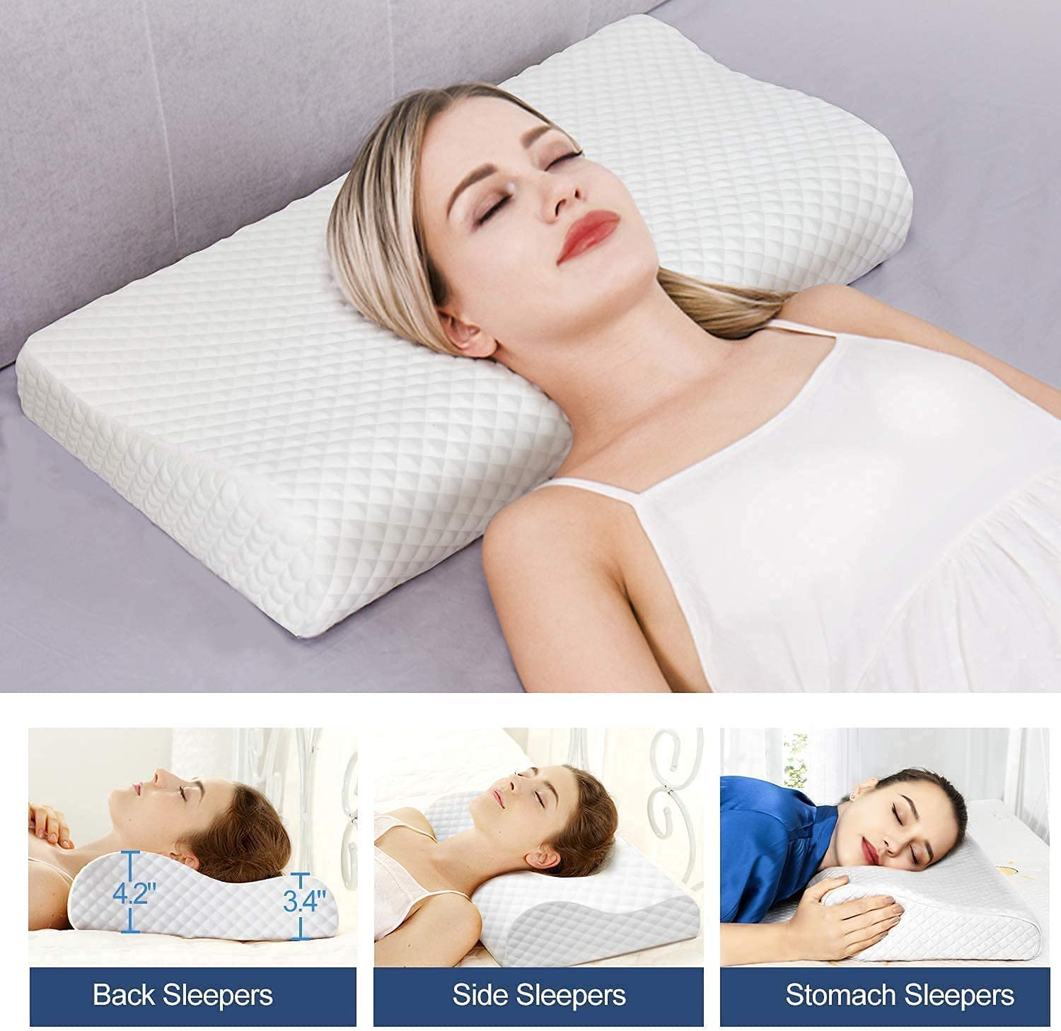 Memory Foam Pillow, Cervical Pillow for Neck Pain, Orthopedic Contour Pillow Support for Back, Stomach, Side Sleepers, Anti-Snoring Relief Neck Pillow, Anti-Allergy