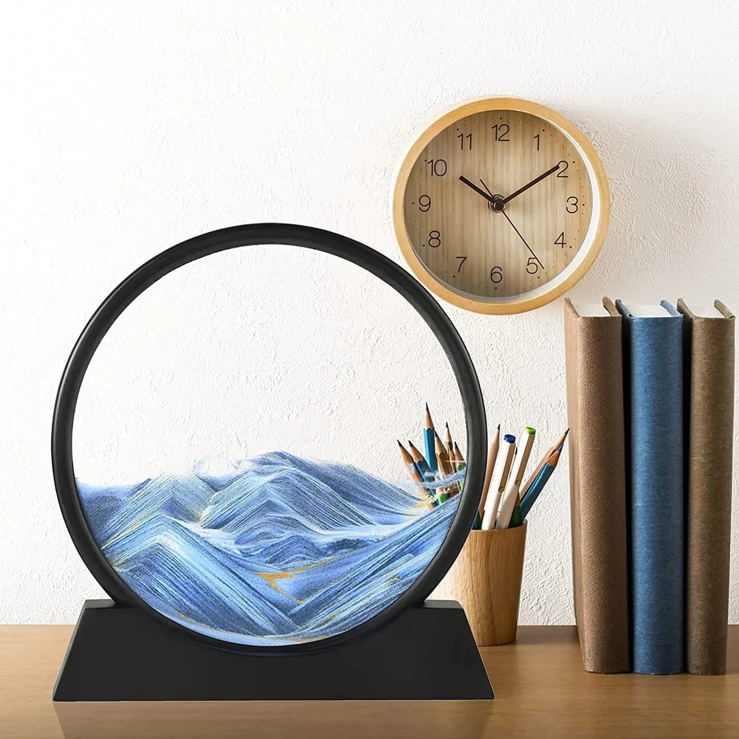 Moving Sand Art Picture, Liquid Motion 3D Sandscape, Glass Painting with Natural Landscape(BLUE)