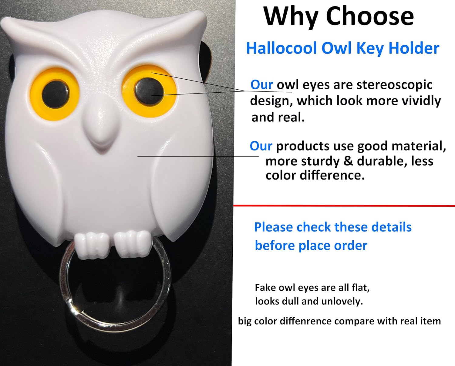 Magnetic Owl Key Holder Set, Cute Night Owl Keyring with Automatic Open Close Eyes, Black and White (Black & White)