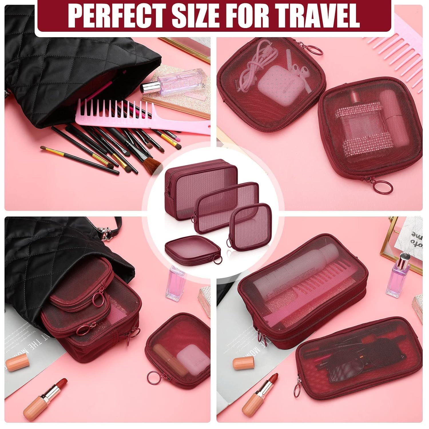 MINI ZIPPER MESH COSMETIC POUCH 13*13 CM (WINE RED) (1PC)