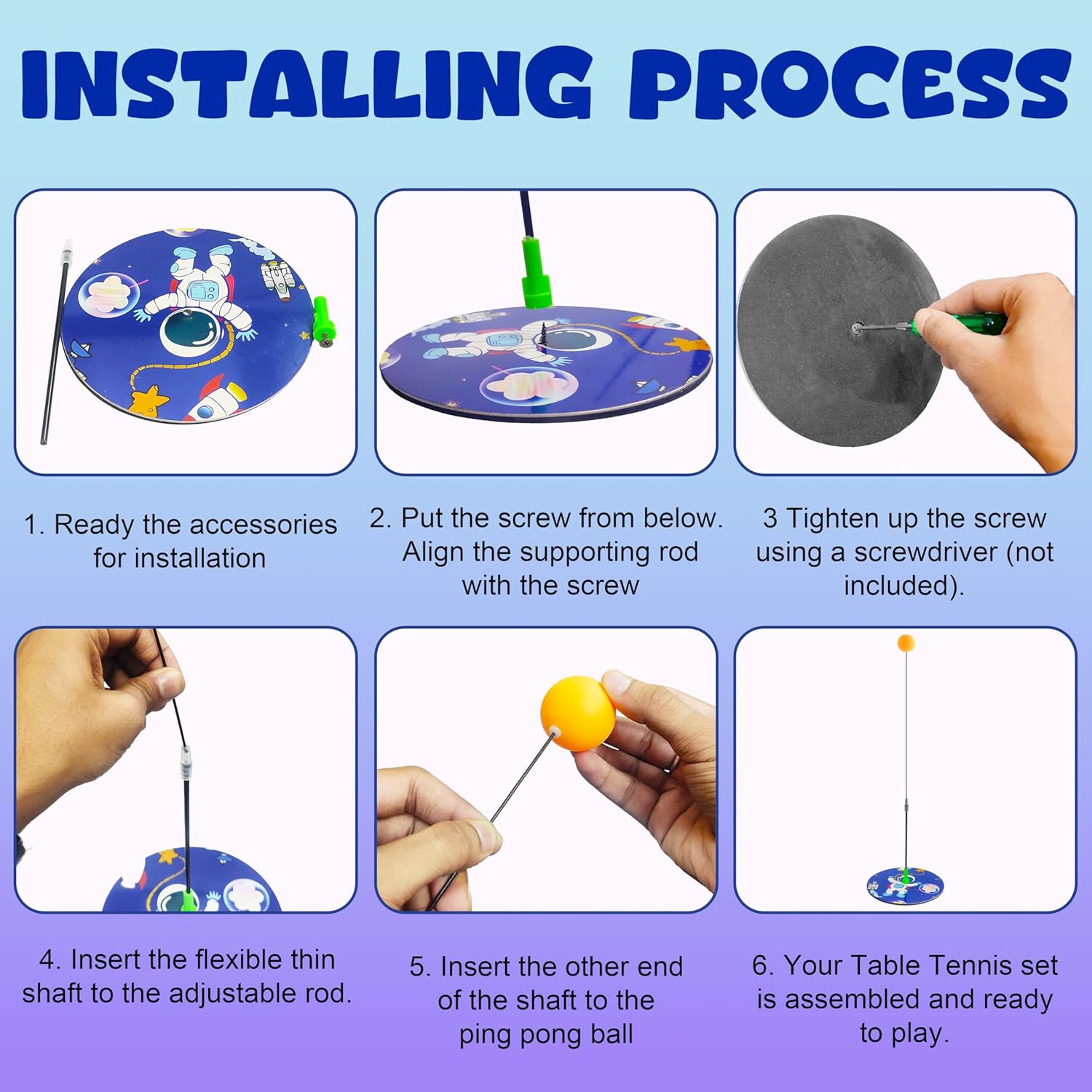 Height Adjustable Standing Table Tennis Trainer Set Toy for Kids and Adults with 4 Ping Pong Balls and 2 Wooden Rackets