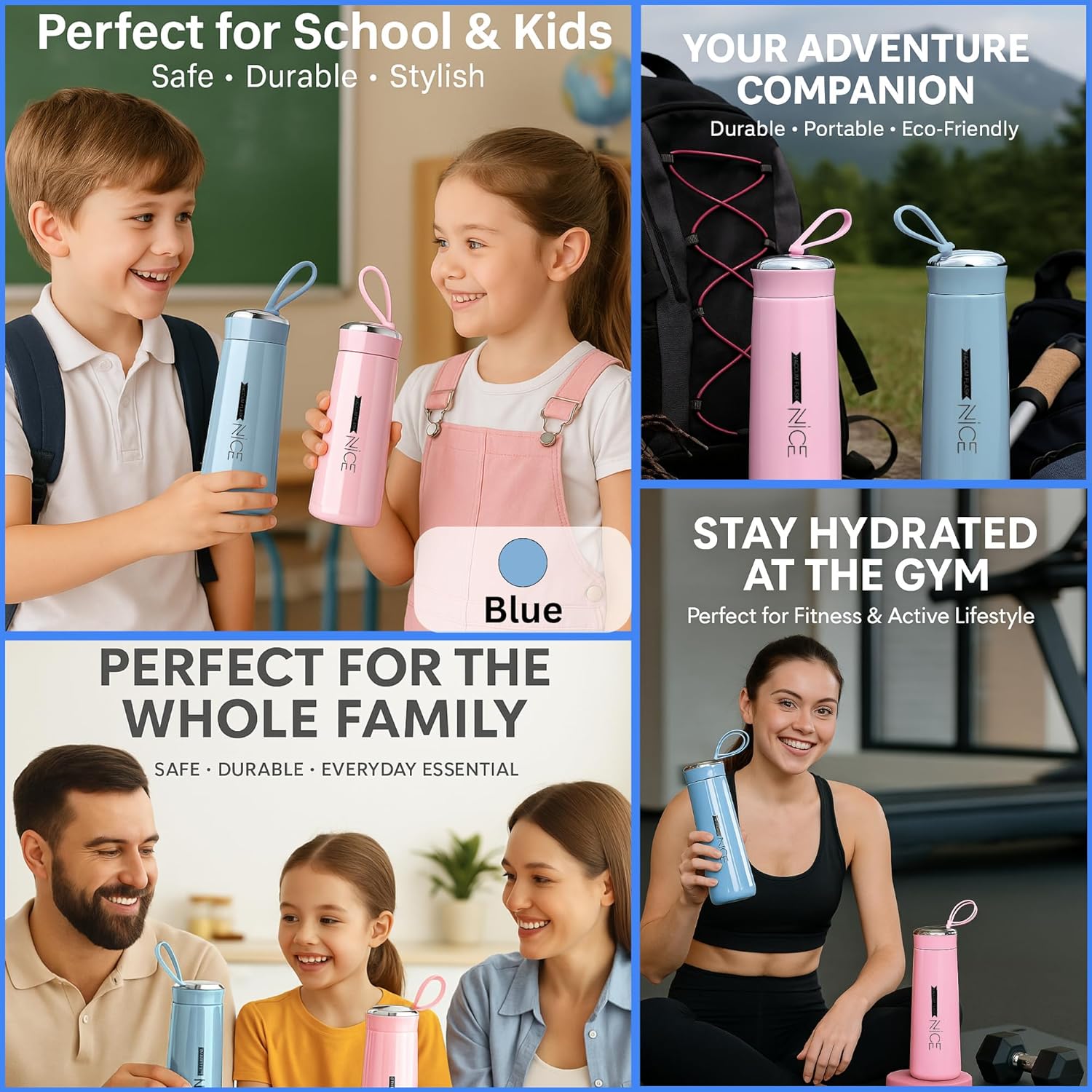 Water bottle 400ml leak proof, glass water bottle with daily water intake for gym and children, Nice Bottle (1 pc / Light Blue Color)