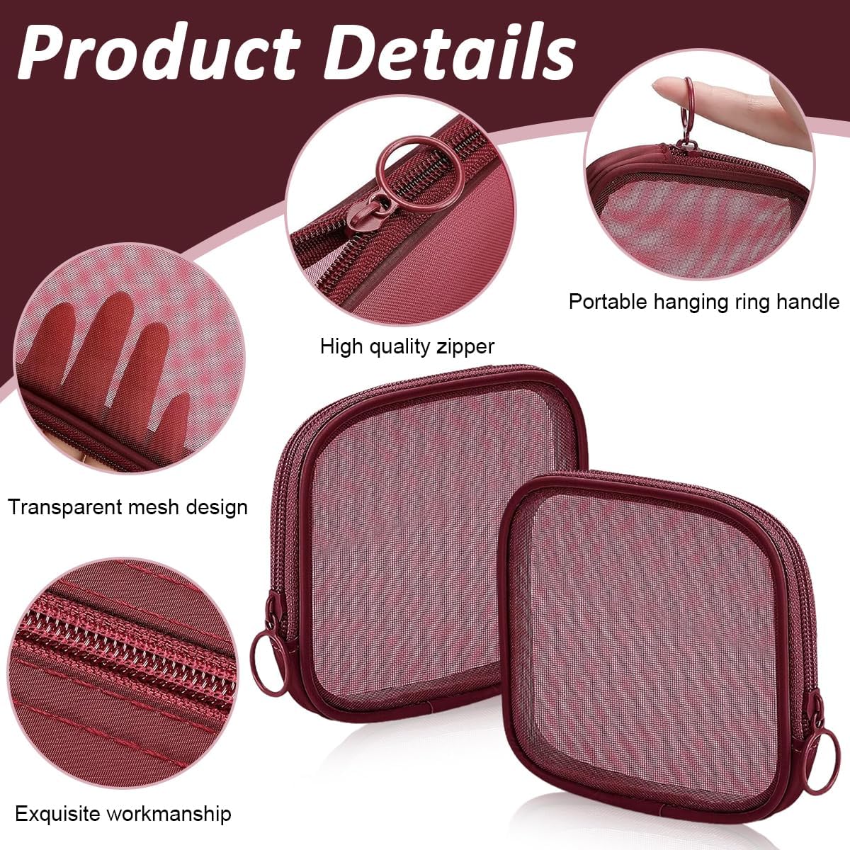 MINI ZIPPER MESH COSMETIC POUCH 13*13 CM (WINE RED) (1PC)