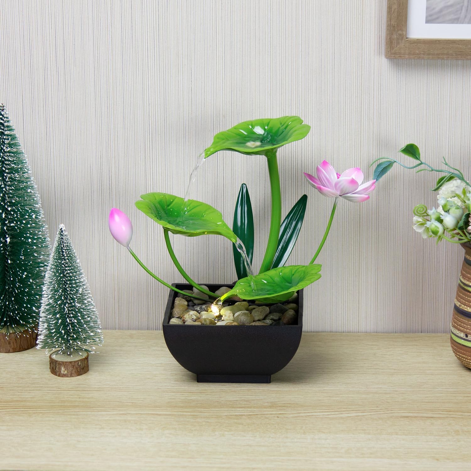 Waterfall Fountain Indoor Water Fountain 3-Tier Lotus Desk Fountain Relaxation Tabletop Fountain Home Decor Including Lots of Rocks and Soothing Sound Machine (Green), Iron,Polyvinyl Chloride