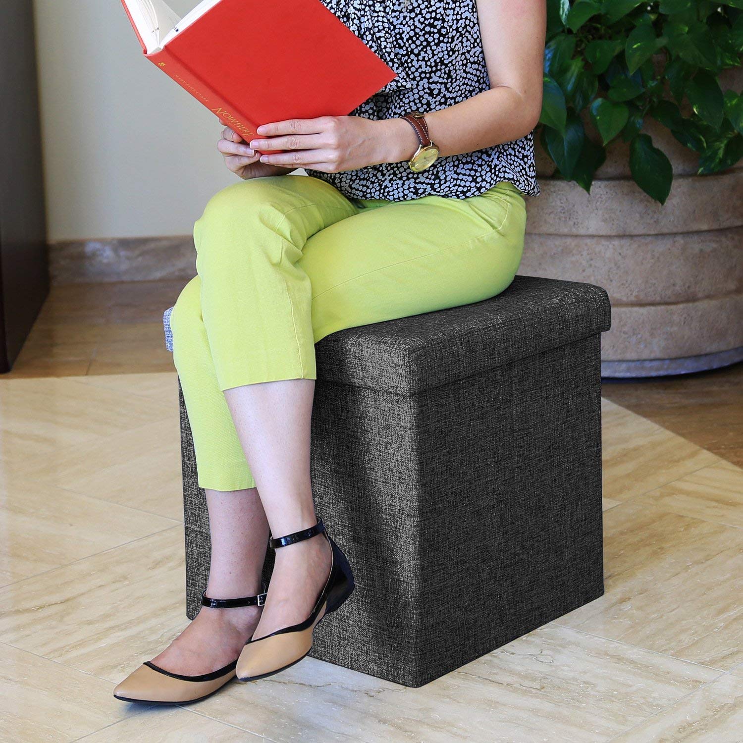 Linen Home Foldable Large Storage Ottoman Bench Footrest Stool Storage Ottoman Bench for footrest Stool Coffee Table and Seating Ottoman (30 X 30 X 30 c.m., Grey)