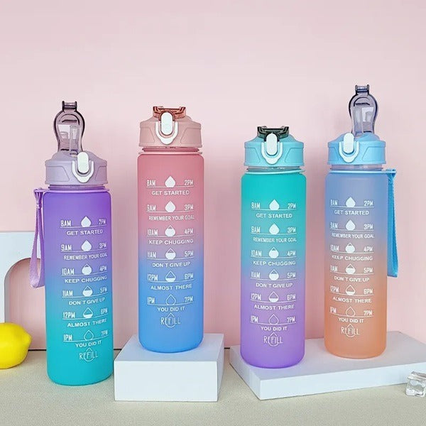 Motivational Water Bottle with Straw & Time Maker, Toxin Free Plastic Drink Bottle Design for Girls, Boy, Cycling, School & Office
